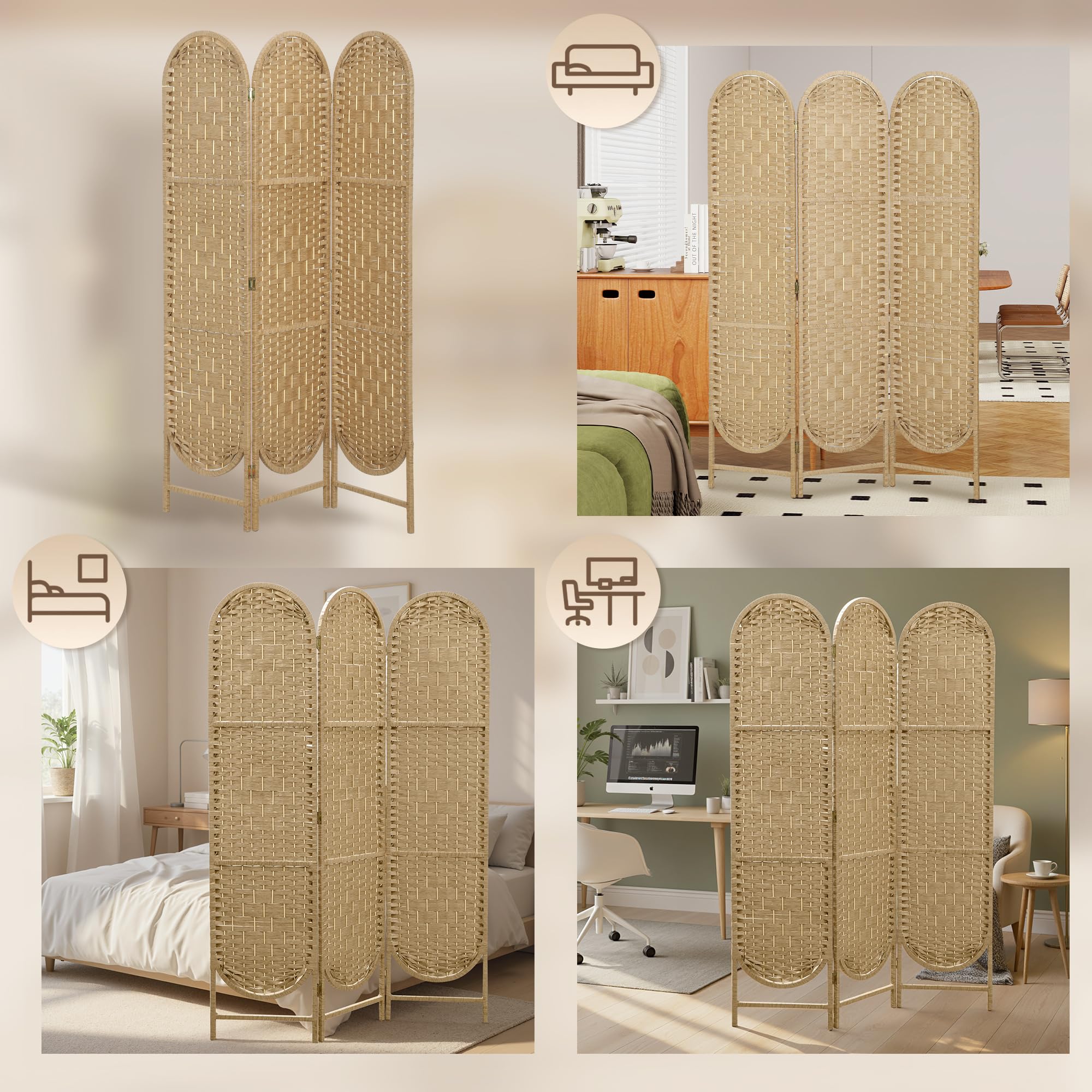 HOMCOM Biombo Separador de Ambientes de 3 Paneles, 120x170 cm, Pantalla de Privacidad Plegable Bohemio, con Parte Superior Arqueada, Tejido a Mano, Divisor Ligero para Oficina, Dormitorio, Natural