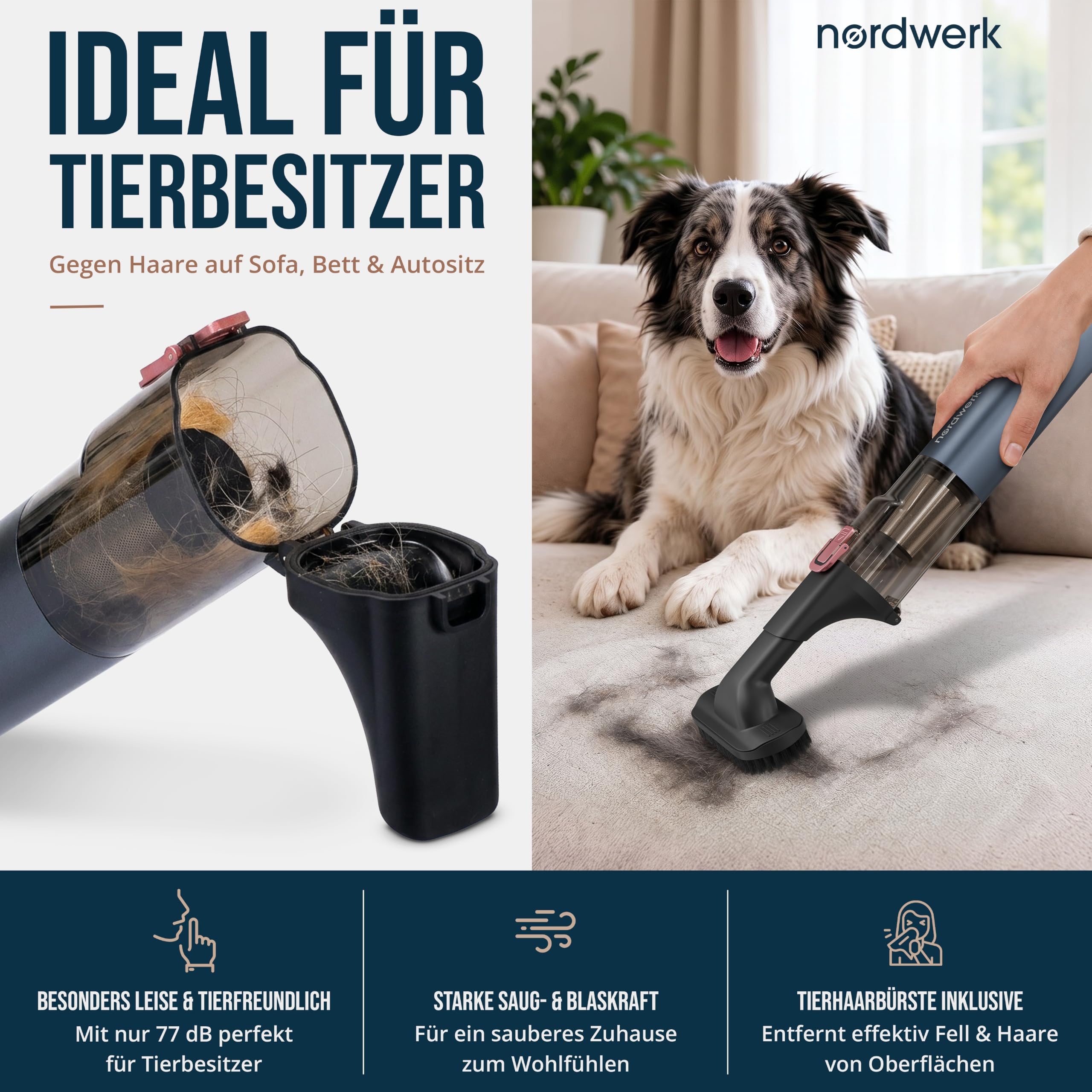 Akku Handstaubsauger Nordwind Flex für Haushalt & Auto, kabellos | starker Mini Staubsauger mit HomeDock® Ladestation, DeepReach Cleaning System®, Bürste für Tierhaare & Extra-Zubehör