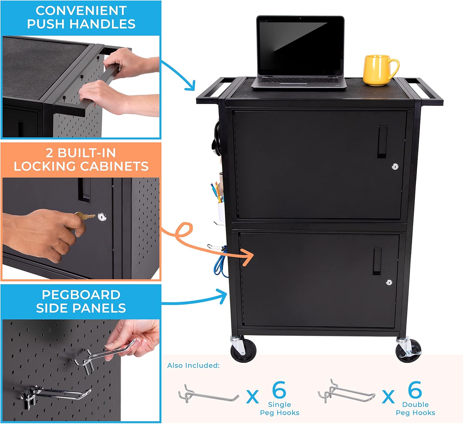 Line Leader Stellar AV Cart - Computer Cart with Customizable Pegboard & Hooks, Dual Locking Cabinets, UL Certified Power, Mobile Workstation with Locking Wheels, Ideal for Laptop & Charger Storage