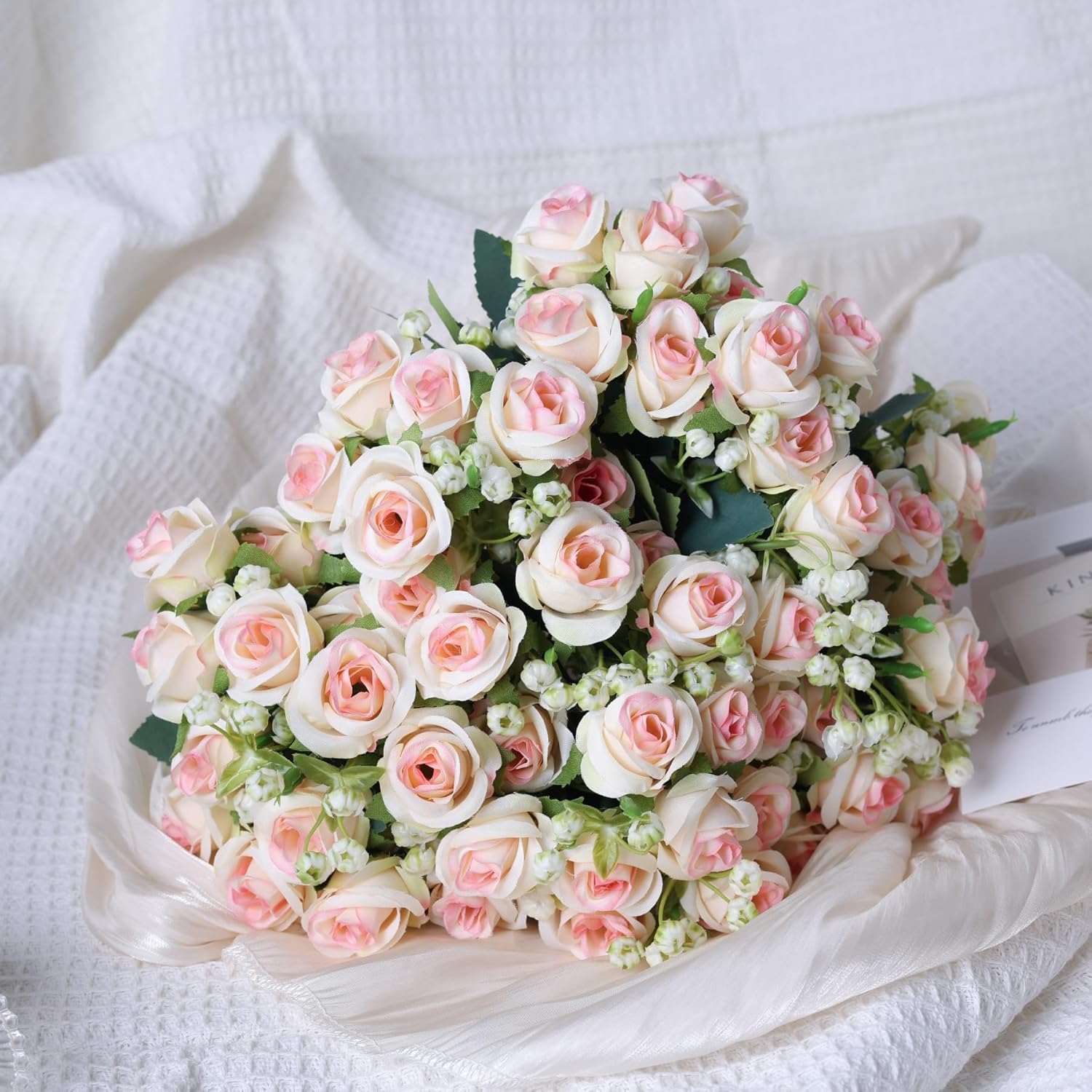 6-Pack Champagne Silk Rose Bouquets, 60 Roses Artificial Flowers Heads with Faux Baby's Breath Stems Leaves, Fake Roses for Wedding Bouquets, Centerpieces & Home Table Décor - Image 7