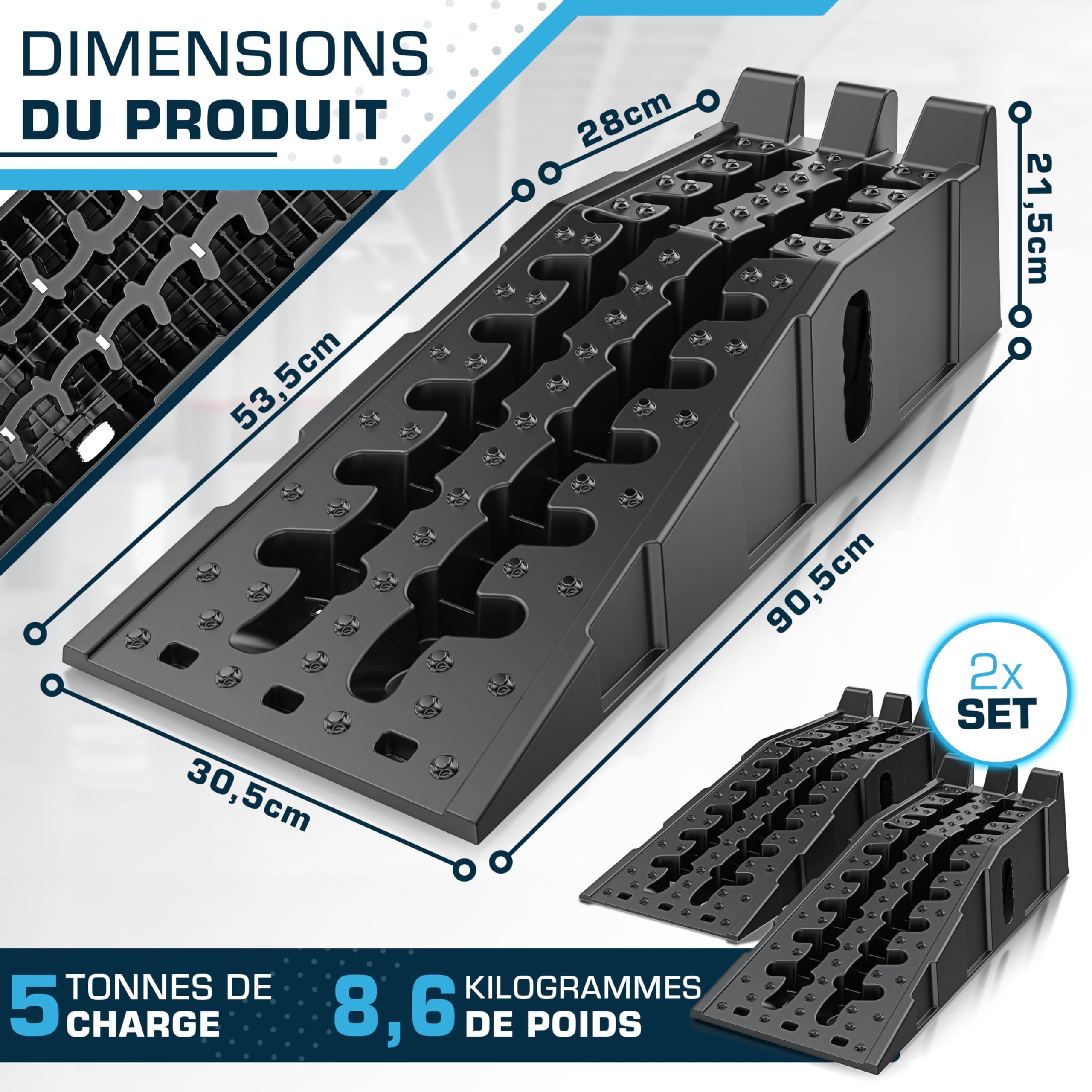 Lot de 2 Rampe de Levage Voiture 5 Tonnes – Rampes d'Accès Antidérapantes pour Vidange et Entretien – Elévateur de Voiture Robuste pour Garage, Atelier, Camping-Car et Remorque
