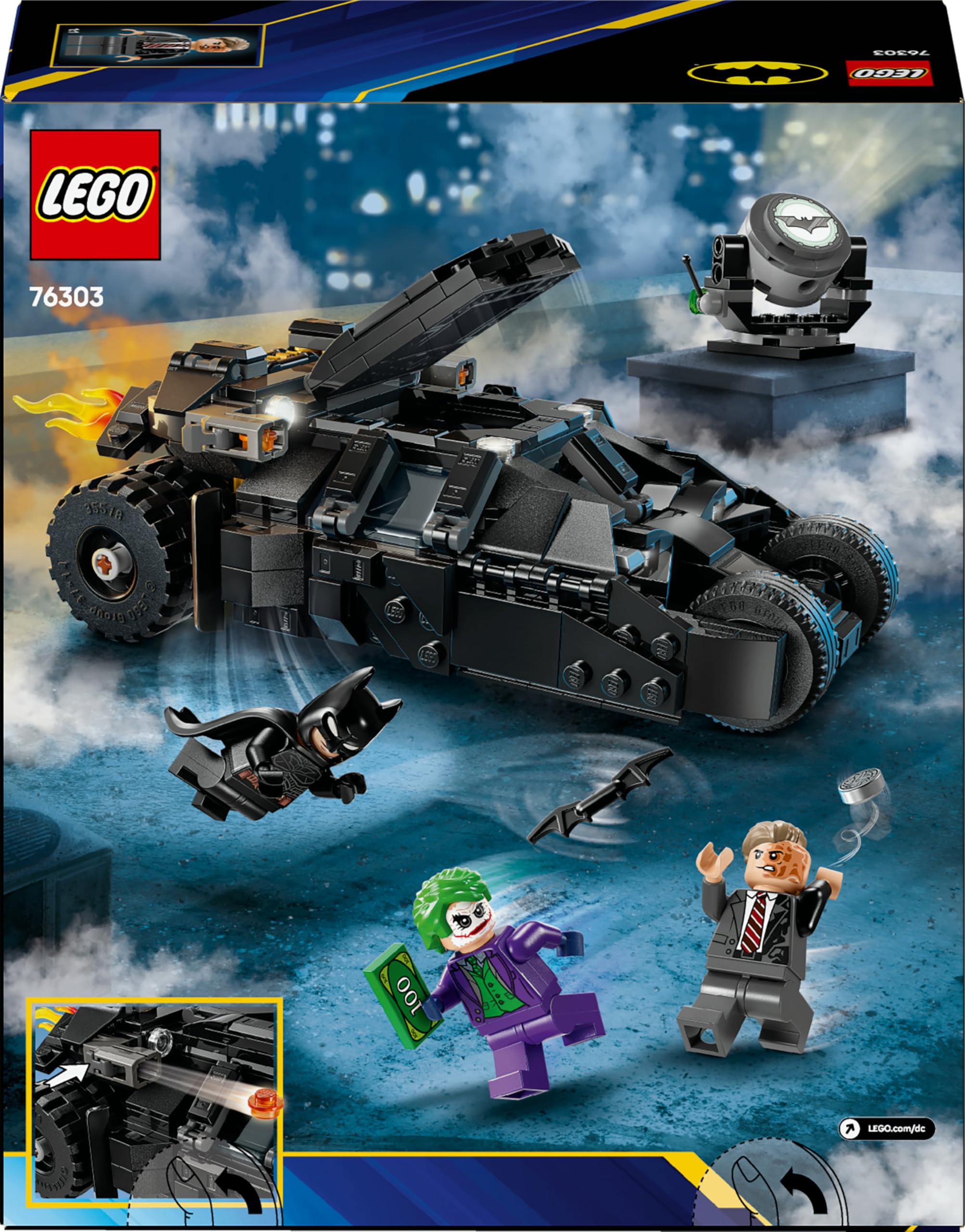 LEGO DC Batman: Tumbler de Batman vs. Two-Face y The Joker Juguete del Caballero Oscuro, Batmóvil y Minifiguras de Superhéroes y Villanos, Regalo para Niños y Niñas de 8 Años o Más 76303