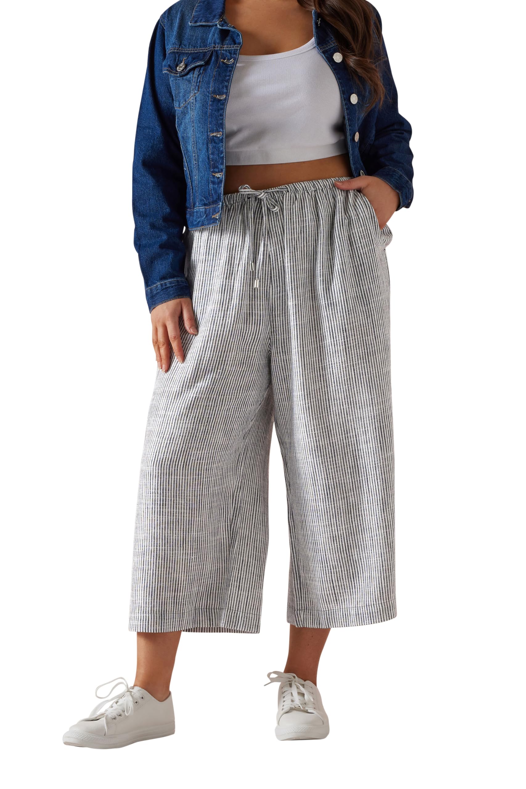 Yours Curve Stripe Wide Leg Ankle Grazer Linen Trousers - Women's - Plus Size Curve Blue