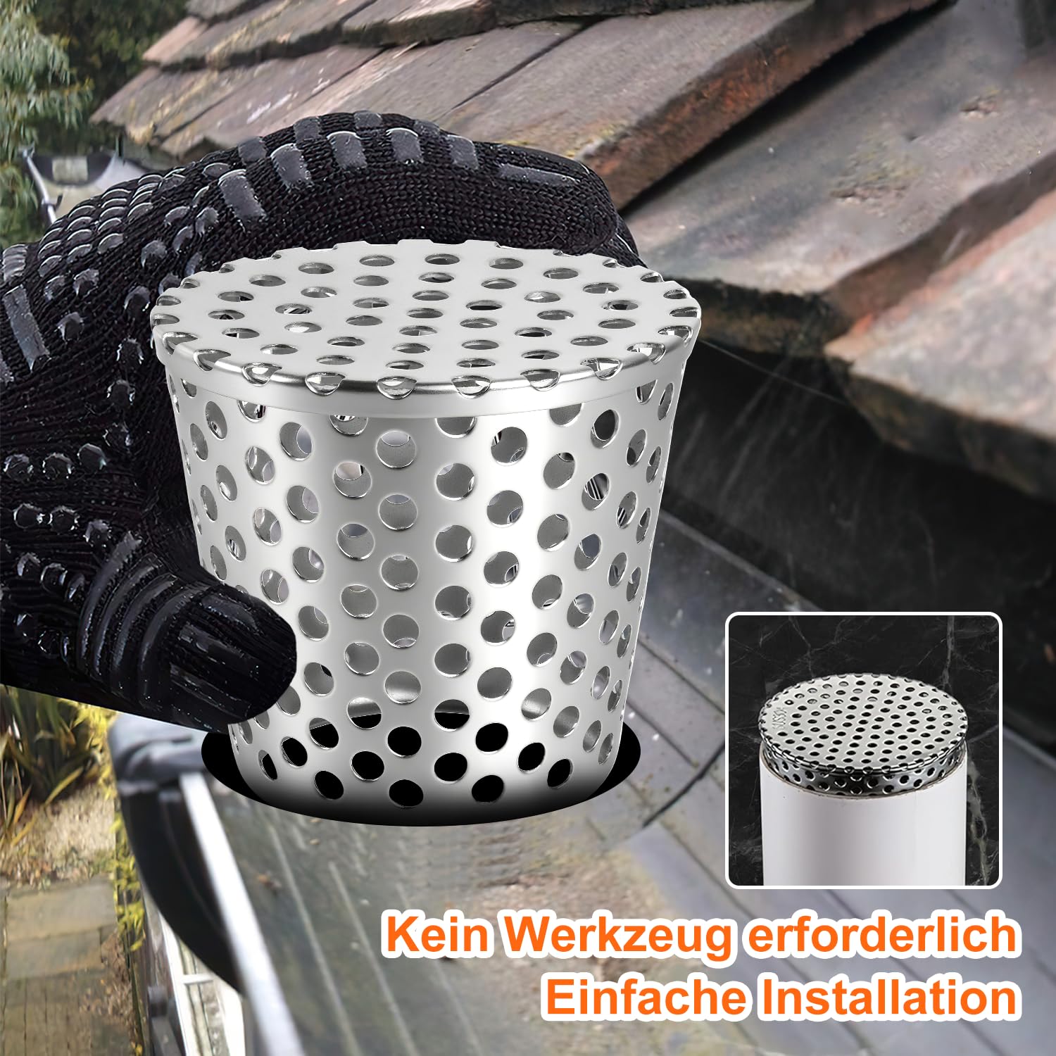 KOVSGQ Dachrinnen Laubschutz 304 Edelstahl - Fallrohrfilter 63-75mm Für Regenrinnen