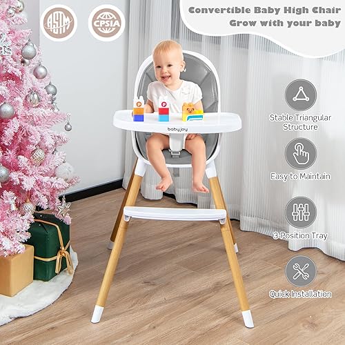 Miniatura 8 de BABY JOY Silla alta convertible para bebé, trona 3 en 1 con patas ajustables, bandeja apta para lavavajillas, cojín de poliuretano desmontable,