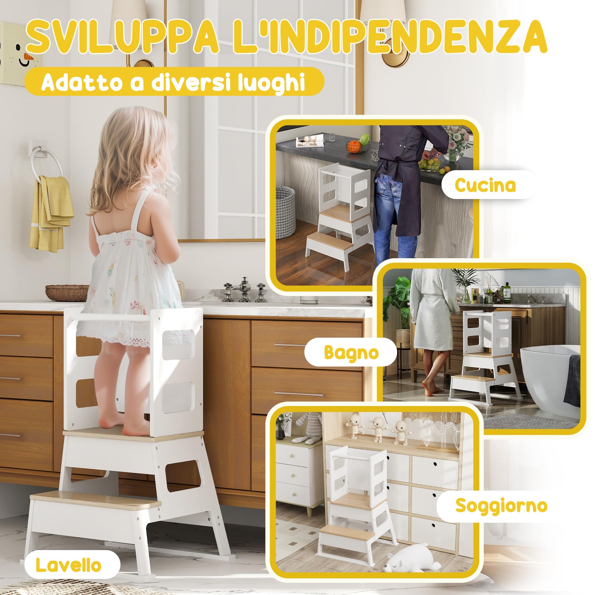 AIYAPLAY Torre de Aprendizaje 2 en 1 Taburete de Aprendizaje para Niños de 3-6 Años con Pizarra y Barrera de Seguridad para Baño Cocina 55x52,5x87,5 cm Blanco