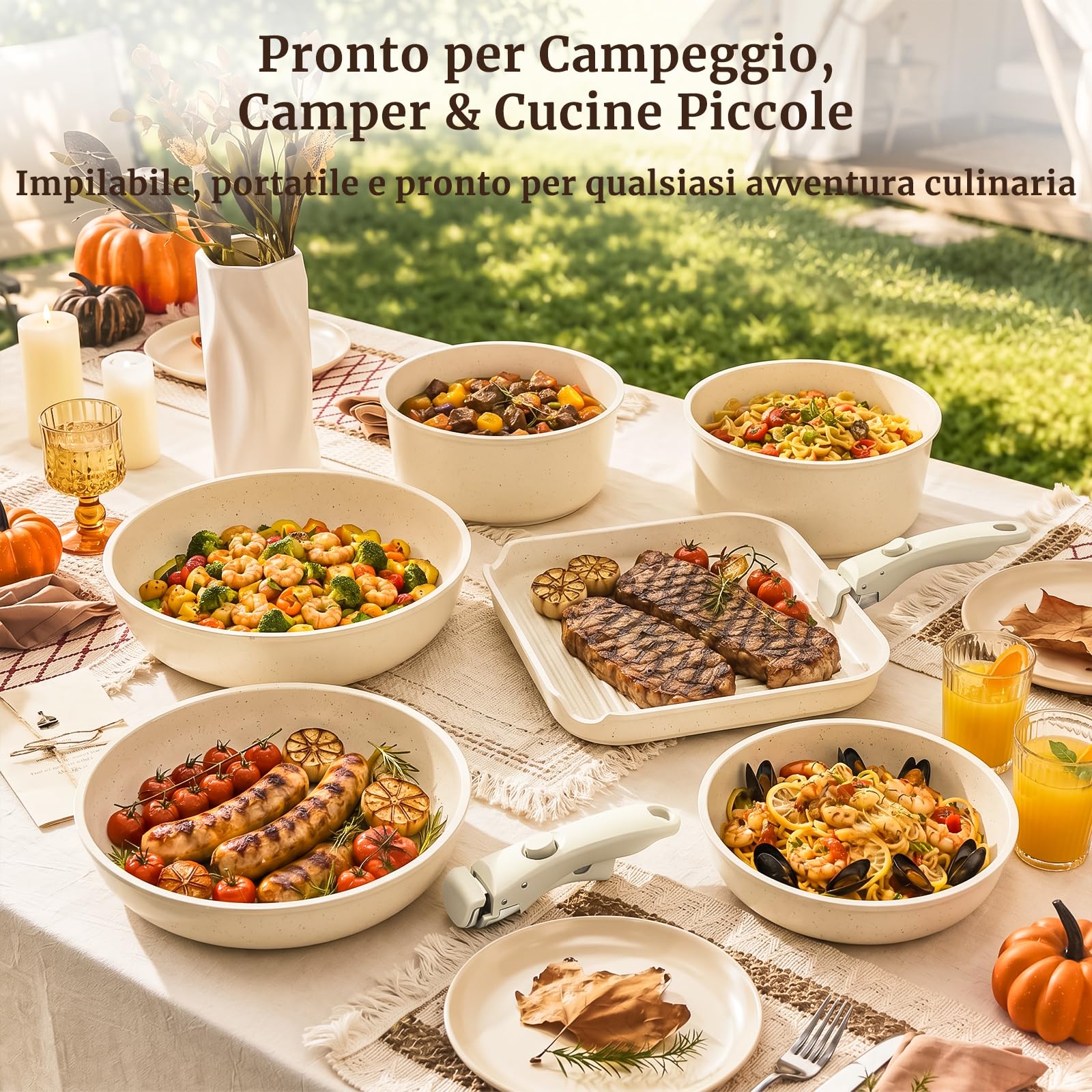 YASHE Pentole induzione 21 pezzi, atossiche, senza PTFE e PFAS | Tegame con Coperchio, Set di Pentole e Padelle Antiaderente in Granito, Salvaspazio Impilabile per Camper