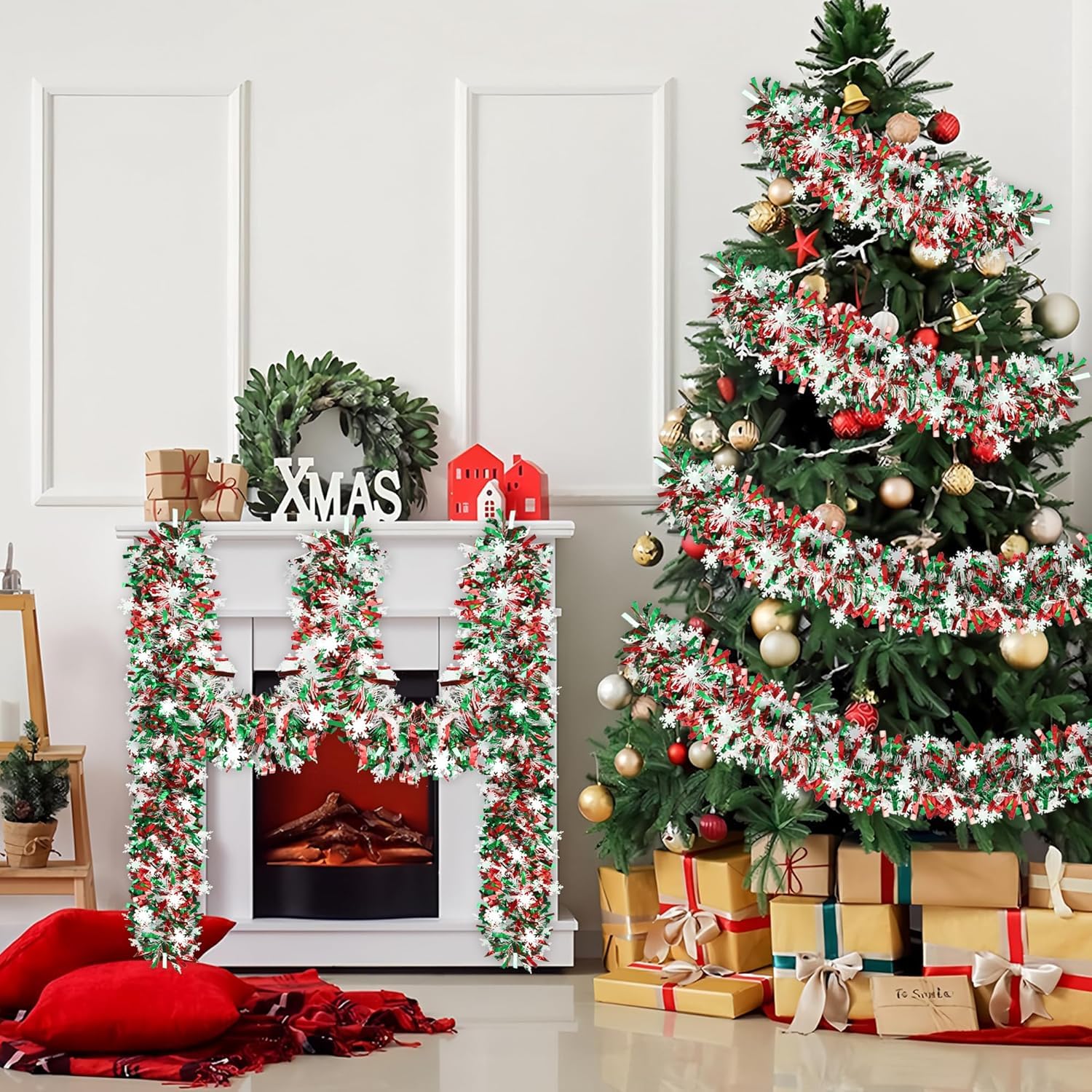 LATERN 10M Silver Christmas Tinsel Garland With Red Green Gold Ball, Metallic Tinsel Chunky Glittering Tinsel Thick Shiny Garland For Christmas Tree