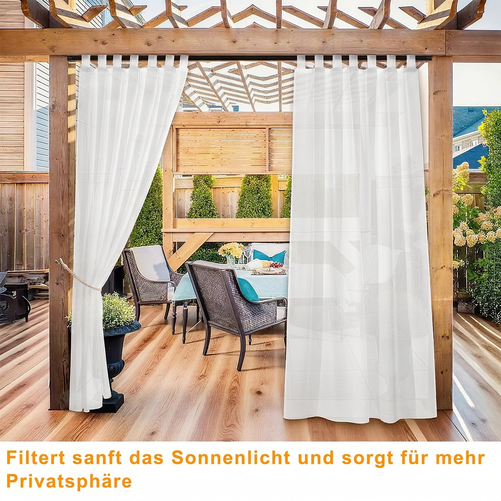 Newthinking Outdoor Vorhänge Transparent, 2 Stück Halbtransparente Vorhänge mit Selbstklebenden Schlaufen, Leinen Optik für Terrasse Pavillon Pergola, 245 x 132 cm, Weiß