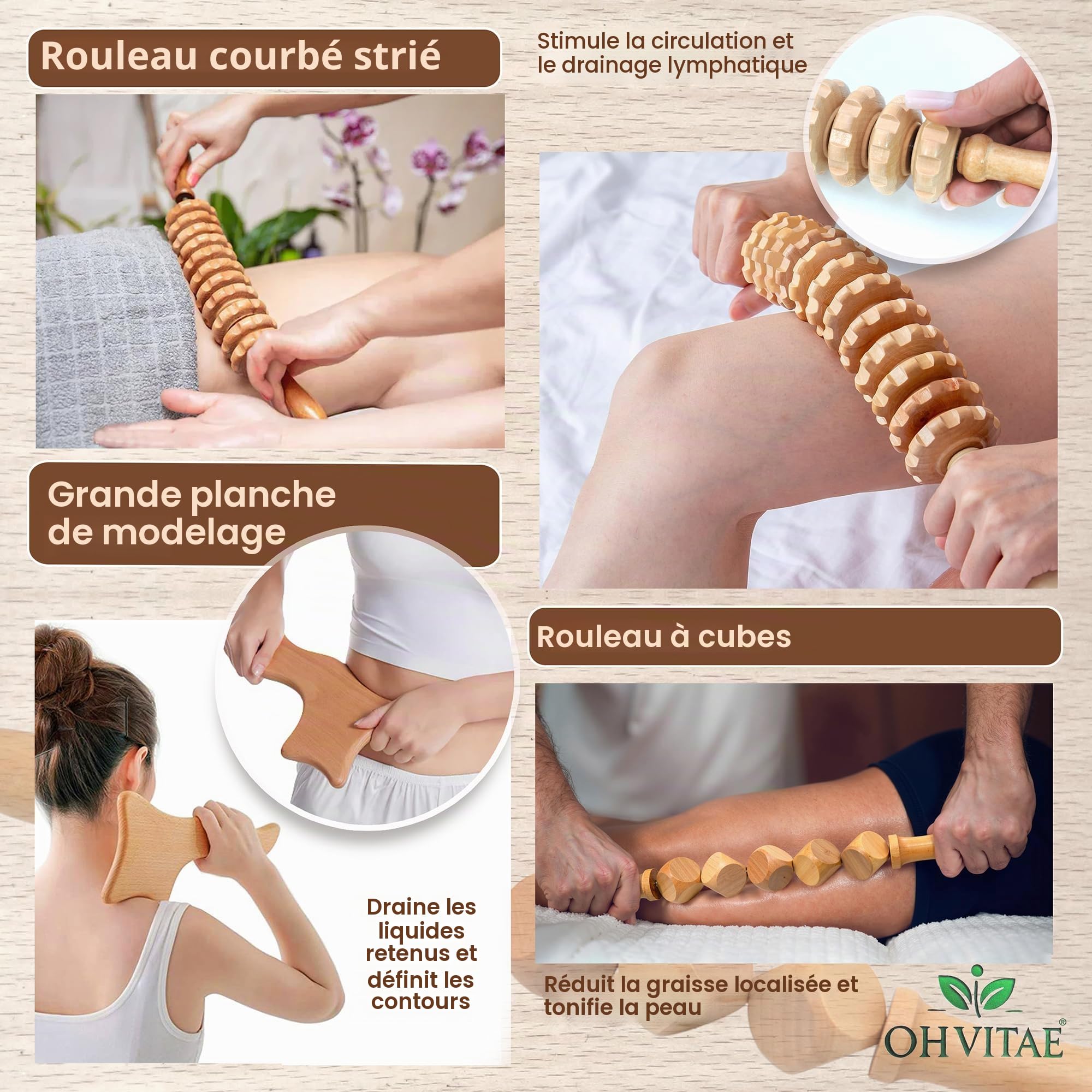 Kit de Madérothérapie en Bois 6 Pièces – Outils de Massage Naturels Anti-Cellulite – Rouleau en Bois, Coupe Suédoise, Champignon et Planche Modelante – Set Massage Corps avec Sac & Guide QR