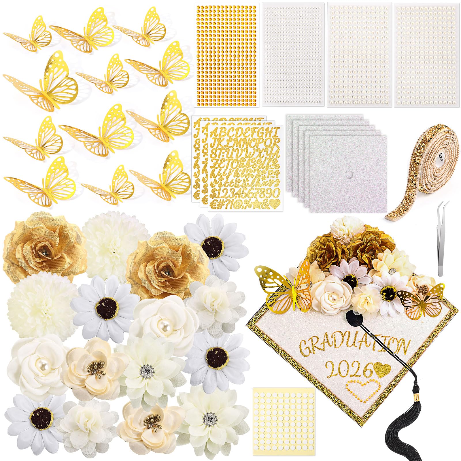Photo 1 of Wavwavw 43 PCS DIY Graduation Cap Decorations Kit, Grad Cap Decorations Included Faux Flowers 3D Butterfly Self Adhesive Rhinestones Stickers Alphabet Letter Stickers for 2026 Grad Party(White)