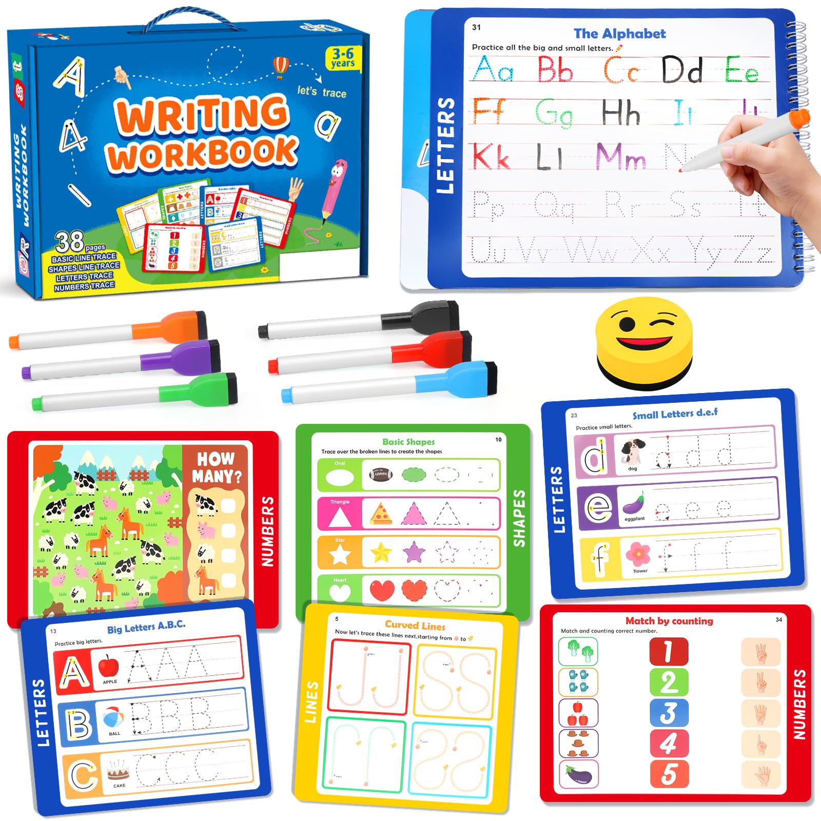 Toddler Toys for Boys Girls Age 2-5 - Wipe Clean Handwriting Practice Busy Book with 6 Markers - Preschool Learning Activity Toy - Educational Gift for 3 4 5 Year Old Kids
