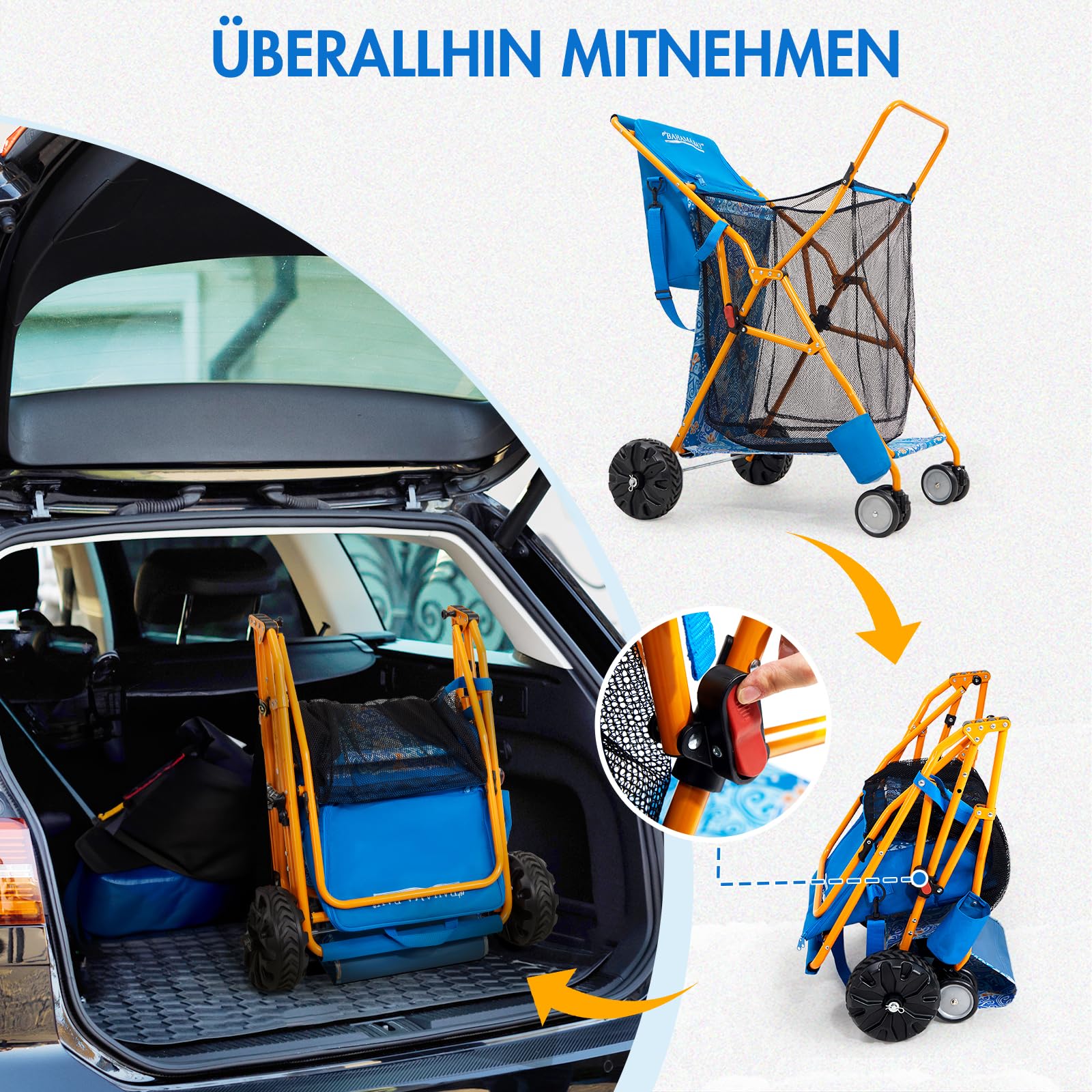 Old Bahama Bay Strandwagen klappbar mit Abnehmbarer 20L Kühltasche Bollerwagen faltbar mit großen All-Terrain-Rädern Faltwagen Transportwagen für Sand Strand Camping Garten