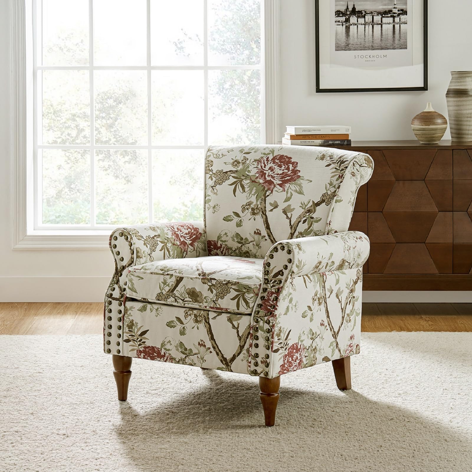 Modern Wingback Accent Chair with Wood Legs Removable Cushion Comfy Upholstered Armchair with Floral Pattern Single Sofa Chair for Living Room Bedroom, FLORAL