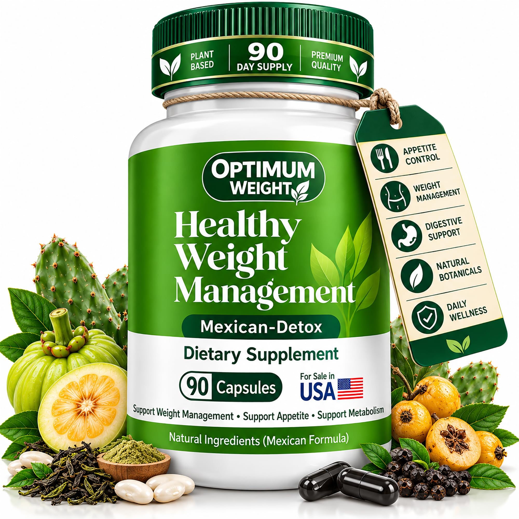 Mexican Herbal Formula for Healthy Weight Management 90 Capsules | Appetite, Digestive & Metabolism Support Gut Cleanse Full Body Detox | Nopal, Garcinia & Green Tea