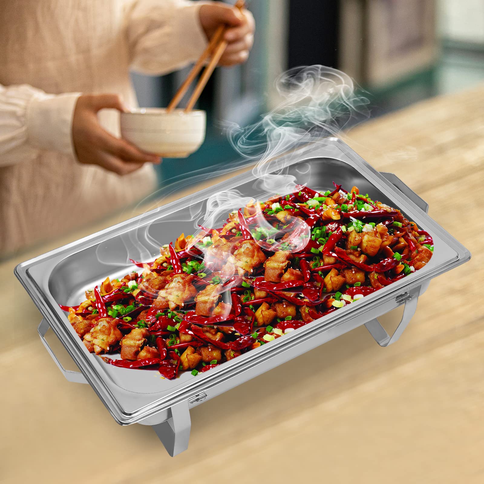 9l Chafing Dish - Scaldapiatti in acciaio inossidabile, piatto piatto piatto in acciaio inox, con coperchio scaldabagno piatto rettangolare per buffet riscaldati