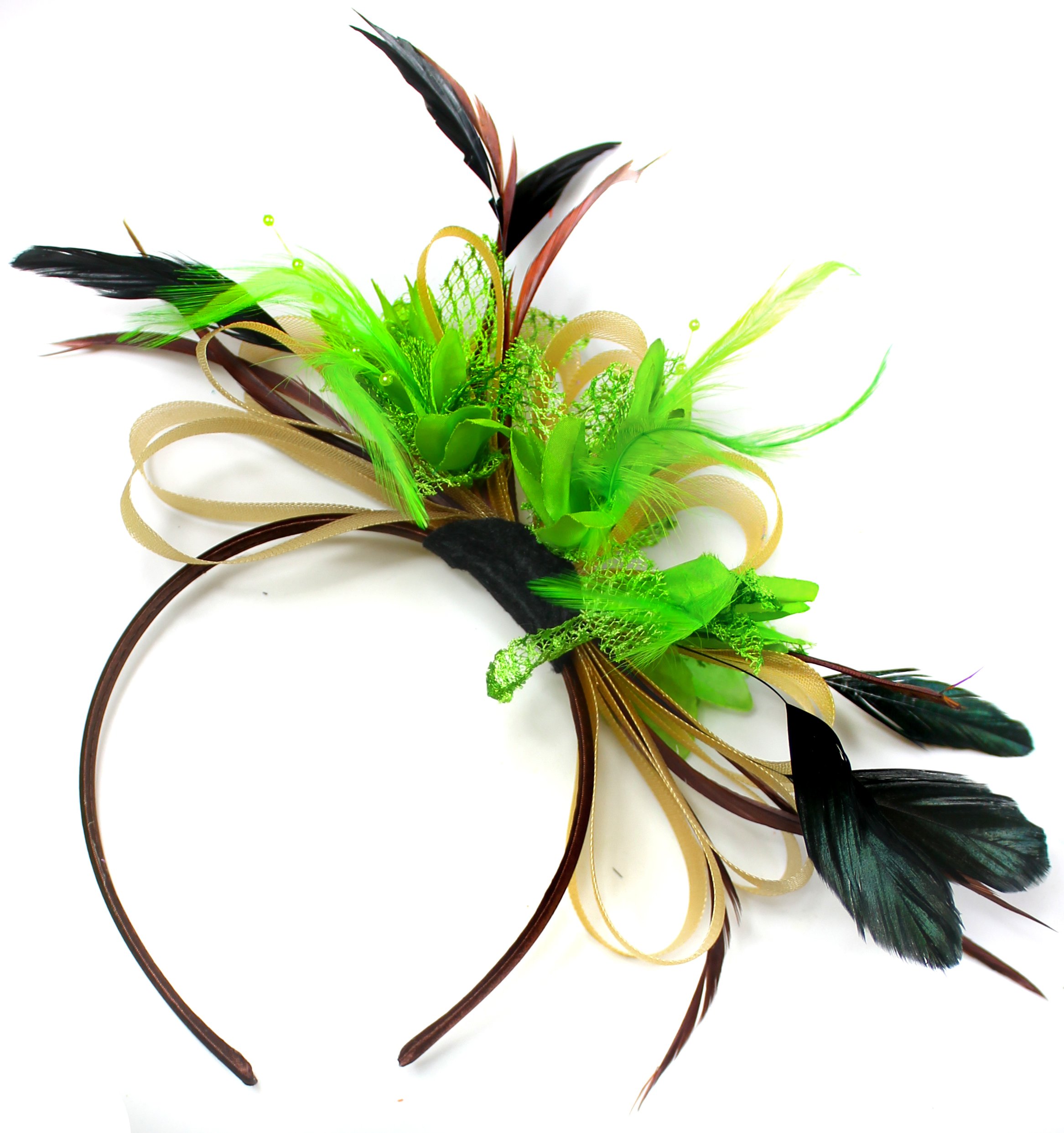 Serre-tête de mariage plumes vert doré accessoire cheveux Ascot - 2