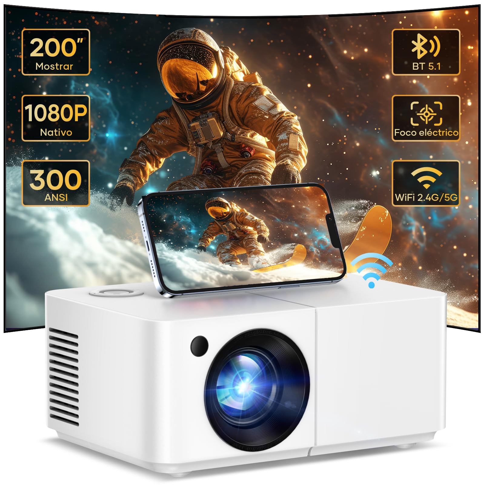 Mini Proyector Portátil, Electric Focus Native 1080P con 5G WiFi y Bluetooth, Pantalla de Espejo de Pantalla Máxima de 200" con Android/iOS/Windows