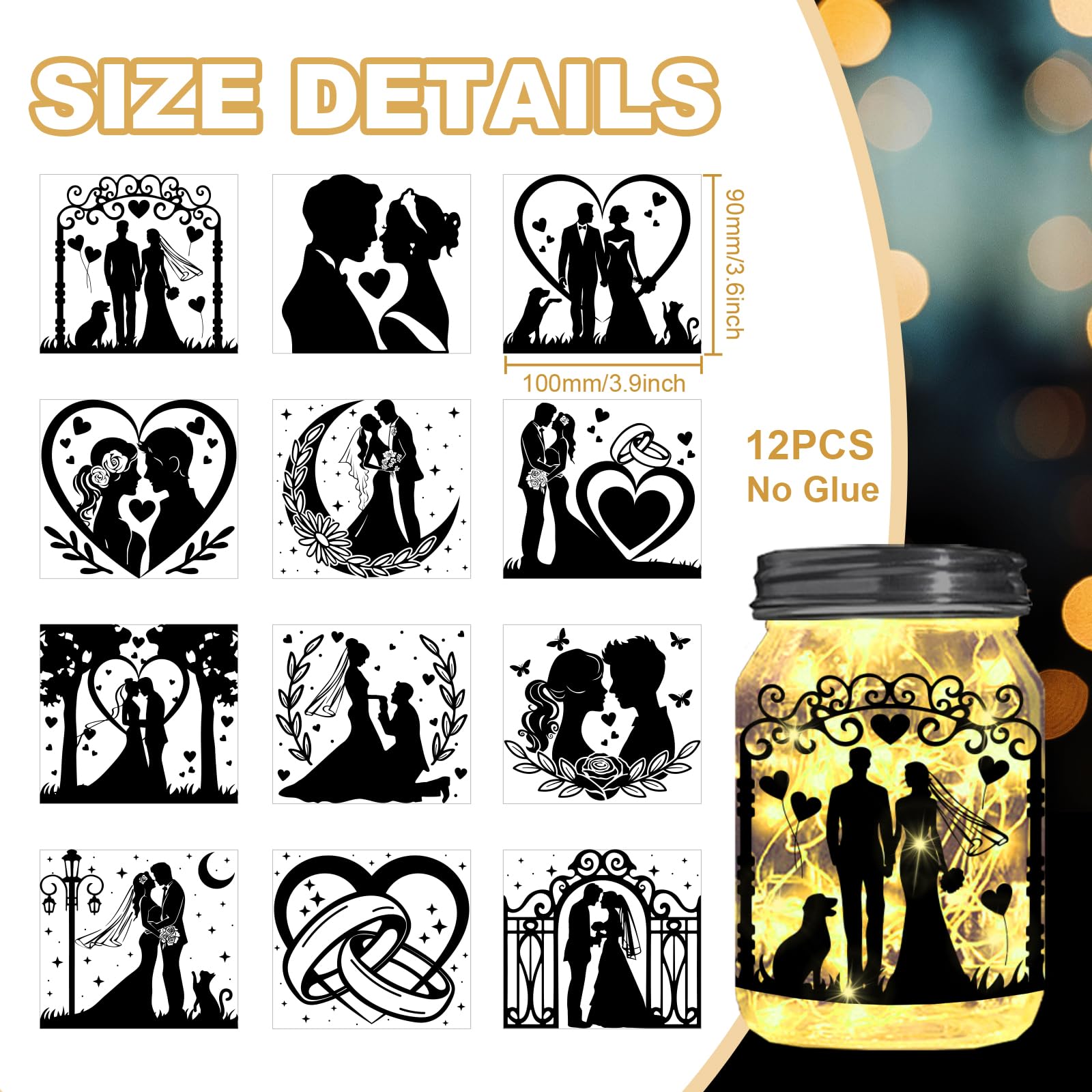 Peacoblue Wedding Silhouette Cutouts for Jars Wedding Party Mason Can Lantern Glass Wishing Bottle Decor(No Stickers), 12Pcs Reusable Silhouette Lantern DIY Craft Kit Jar Decals Art Home Garden
