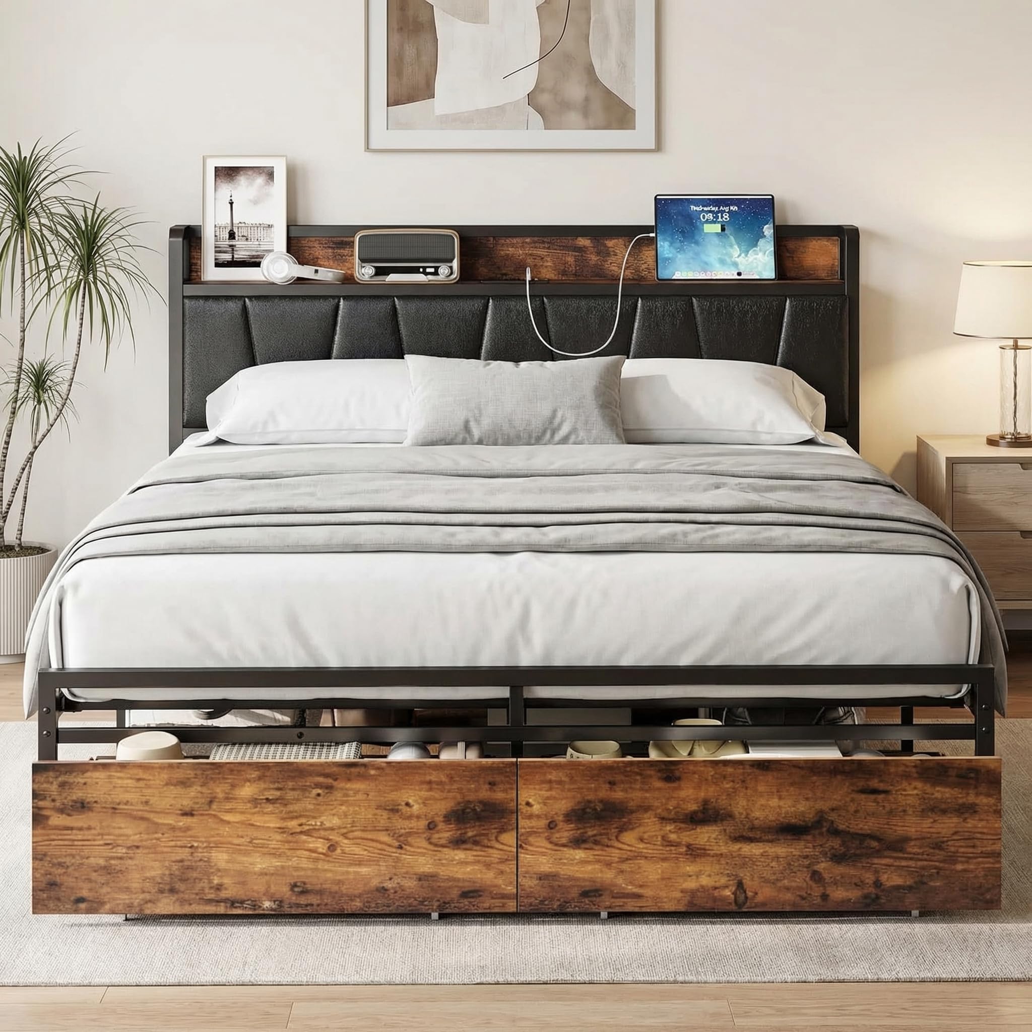 LIKIMIO Full Size Bed Frame, Storage Headboard with Charging Station, Platform Bed with Drawers, No Box Spring Needed, Easy Assembly, Vintage Brown