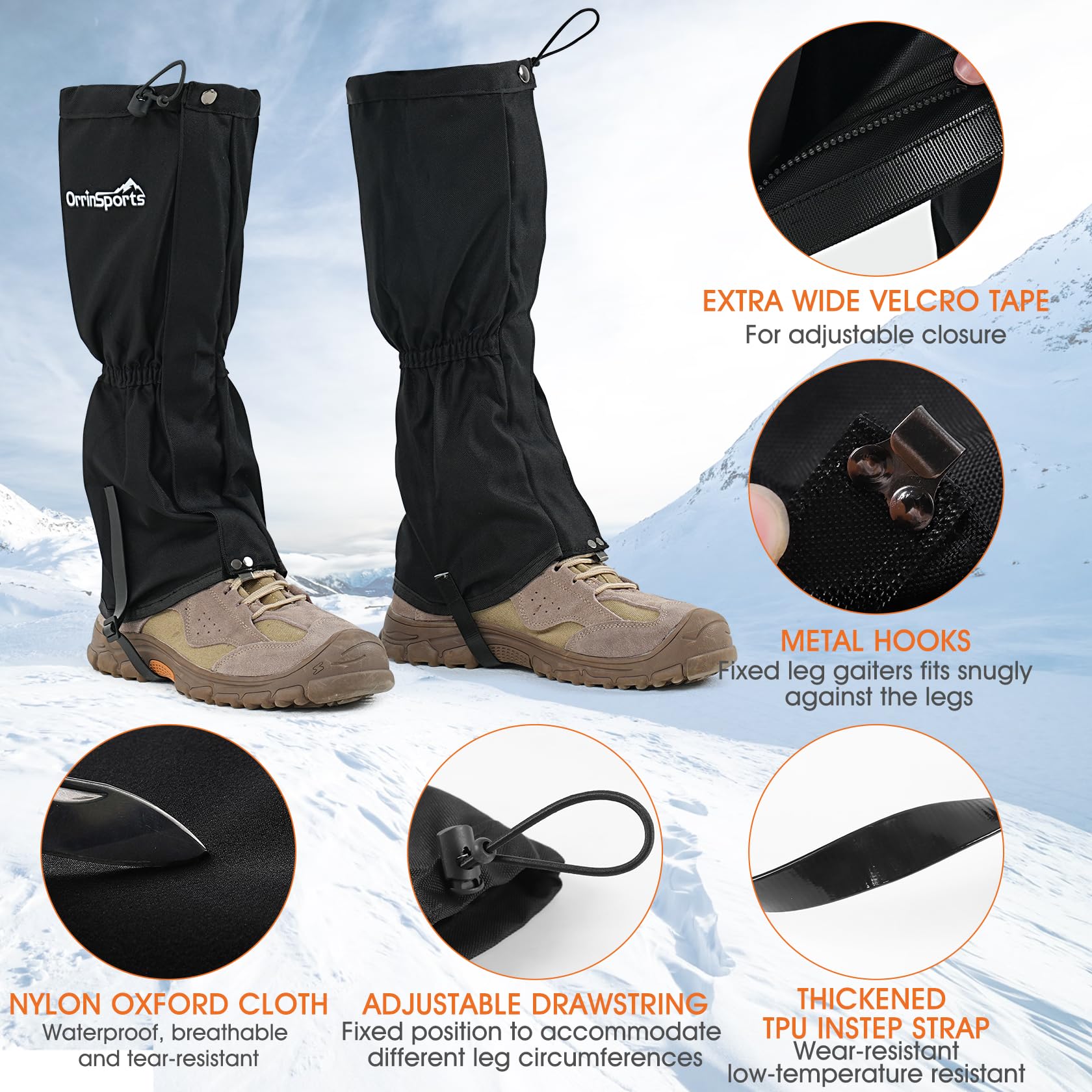 Waterproof Leg Gaiters for Men and Women Adjustable Snow Boot Gaiters for Hiking in Hunting Sand and Mud Mountain Climbing or Snowshoeing (Black M)