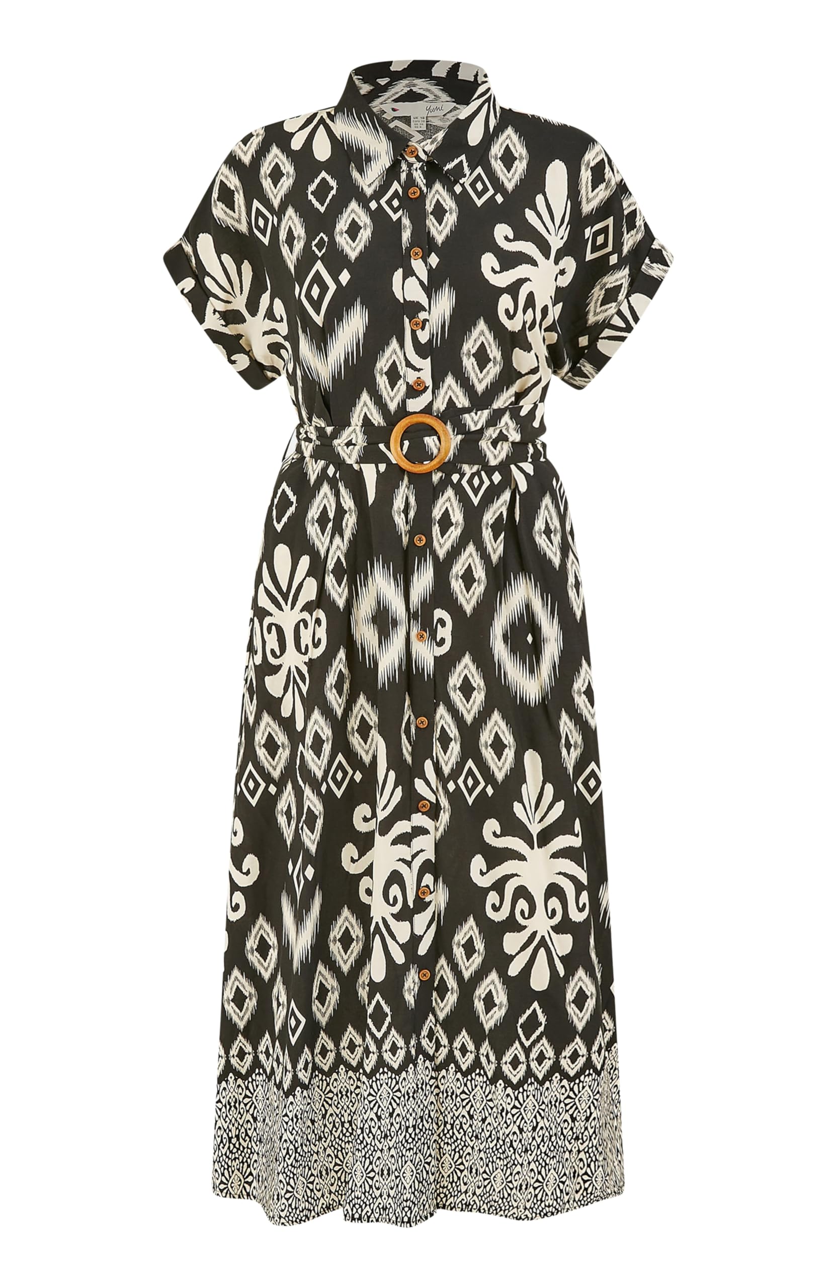 Yumi Women's Black Abstract Geo Print Relaxed Midi Shirt Dress W/ Belt | Size: 22