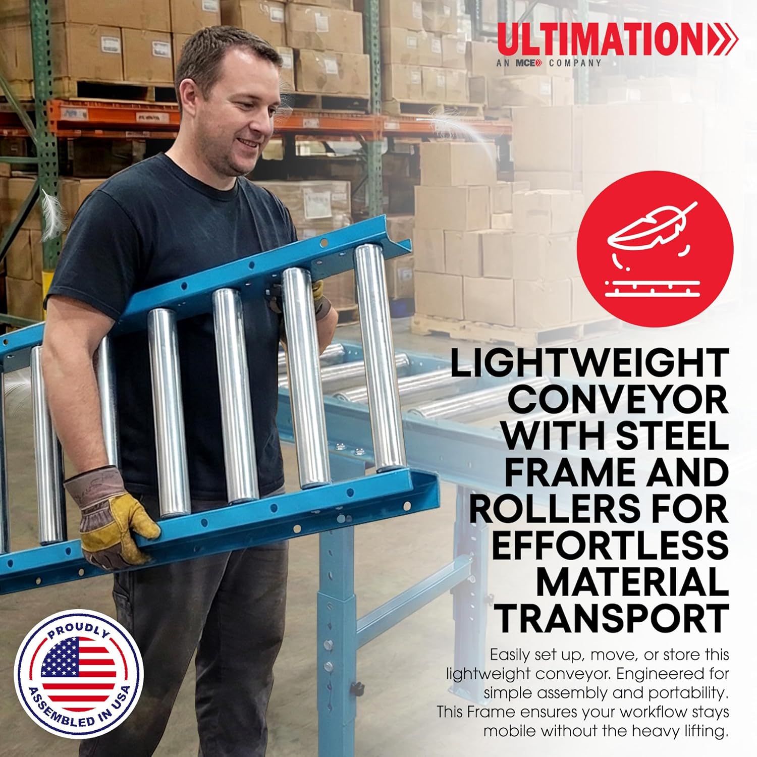 Light-Duty Gravity Conveyor with 1.5" Dia Galvanized Steel Rollers, 12" Wide, 5' Long Steel Frame on 6" Centers, Ideal for Distribution/Assembly Areas Such As Table, Ladder, Bed, Boat - Ultimation