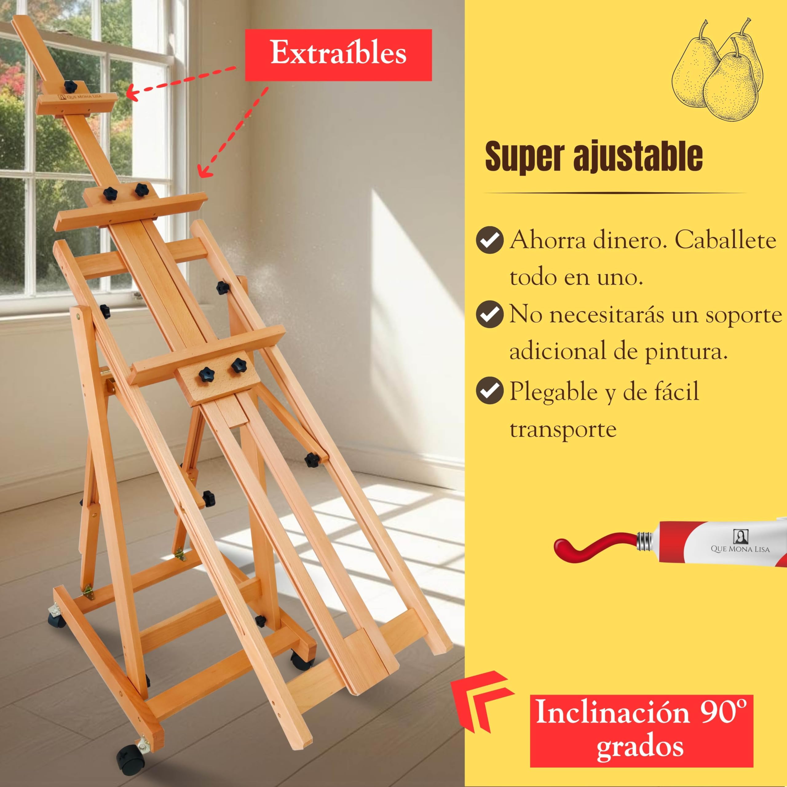 Caballete plegable profesional RENOIR, Altura Ajustable para lienzos grandes, Soporta 2 canvas a la vez, Caballete de Madera de Haya para Pintar, Atril grande pintura Fácil de Montar