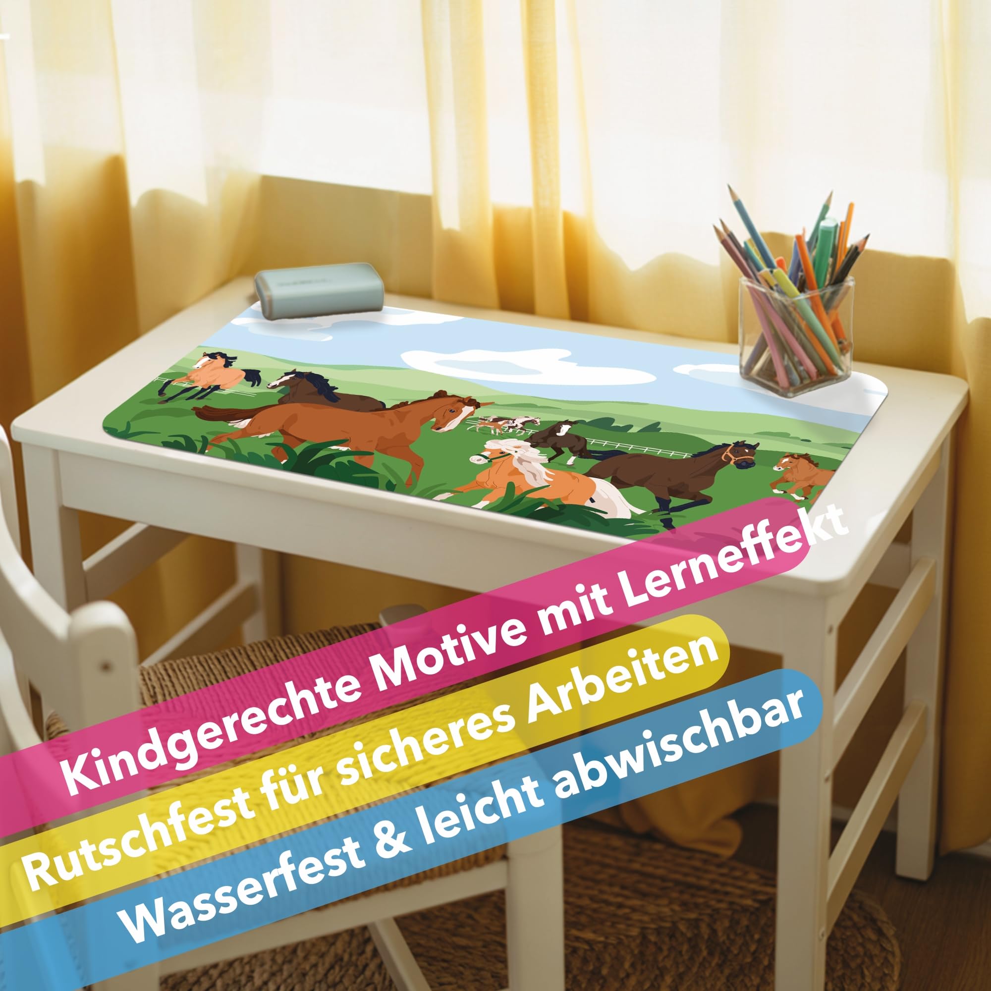 Lineo Kids Desk Mat Water-Resistant Desk Pad for Children, Educational Writing Surface, Non-Slip Craft Mat, Drawing and Study Desk Protector (Horses 70x40 cm) - Image 3