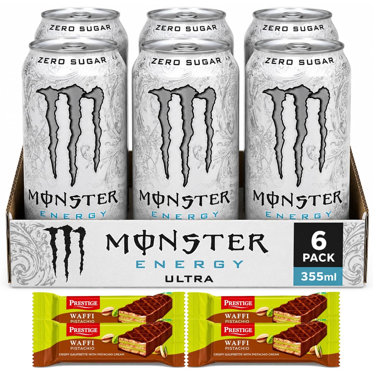 MONSTER ENERGY - Ultra Zero Sugar Energy Drink (6 x 355ml) By COUGAR | Crisp Citrus Flavoured Carbonated Energy Beverage | Refreshing Ready To Drink Cans | FREE 4 Prestige Waffi Pistachio Wafer Bars | Premium Imported Drink Combo – (Imported-VIETNAM)-image-22