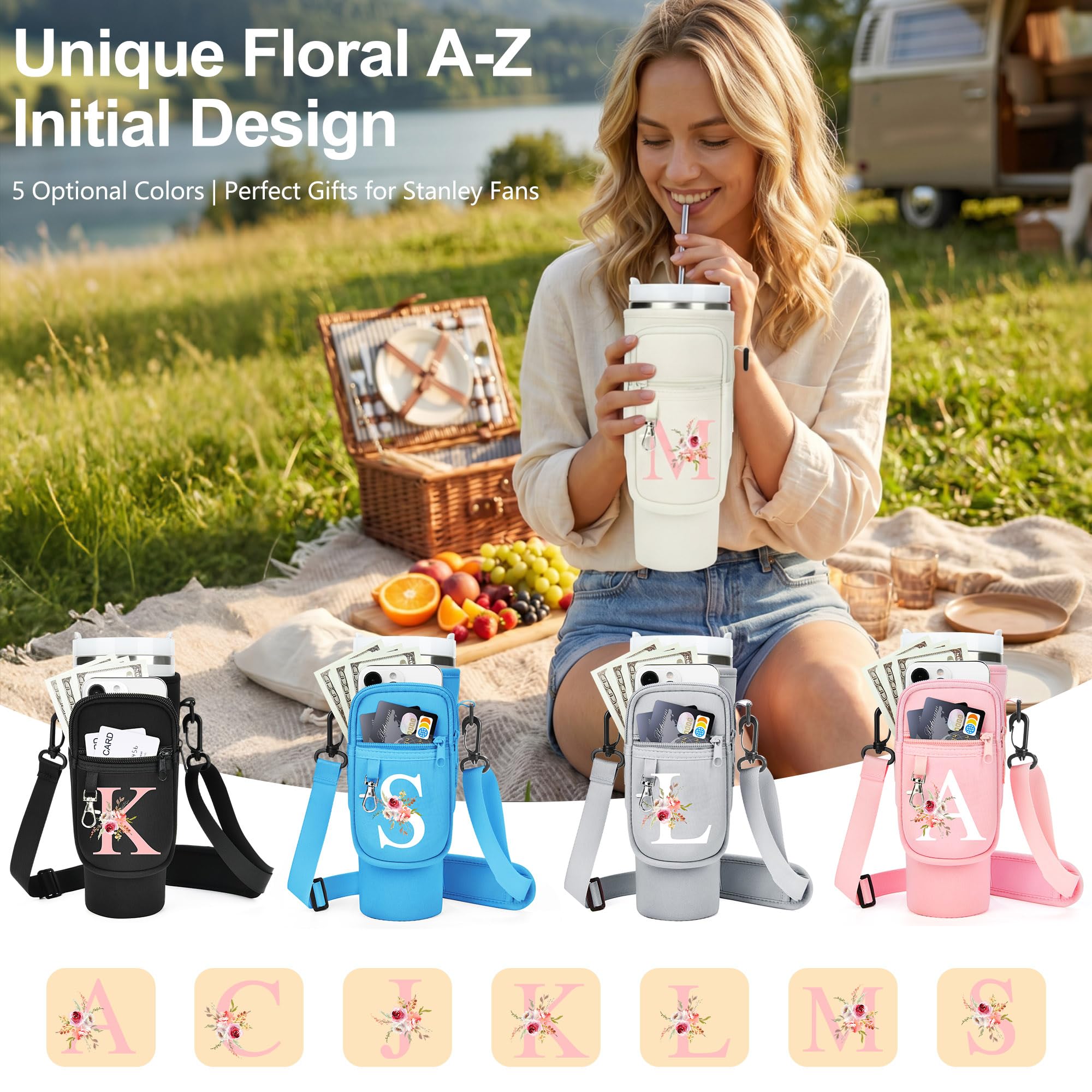Soporte para botellas de agua M-Z con correa para vaso Stanley de 40 onzas, portabotellas de agua de neopreno con bolsillo patrón para teléfono, regalo personalizado para senderismo Stanley Cup