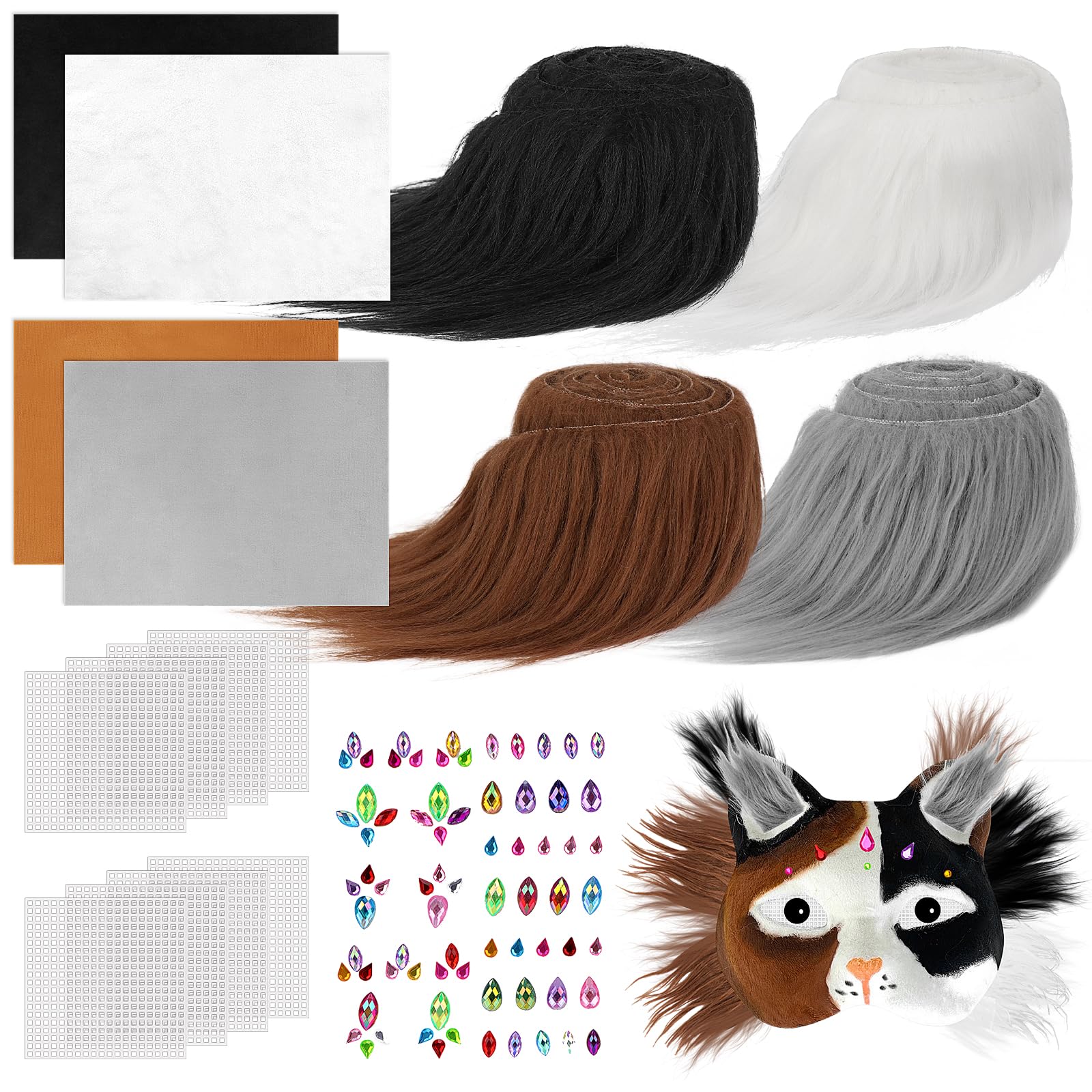 Dreamtop Therian Maschera Gatto Kit con 4 Finta Pelliccia di Therian e Foglio di Feltro Autoadesivo, Maglie per Occhi di Mask e Adesivo con Gemme, per Making Furry Maschera Therian Volpe Gatto Lupo