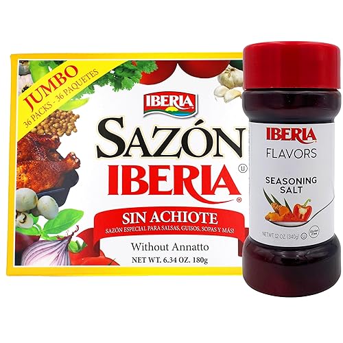 Sazon Iberia without Achiote 6.34 oz (36 paquetes) + Iberia Seasoning Sal, 12 oz