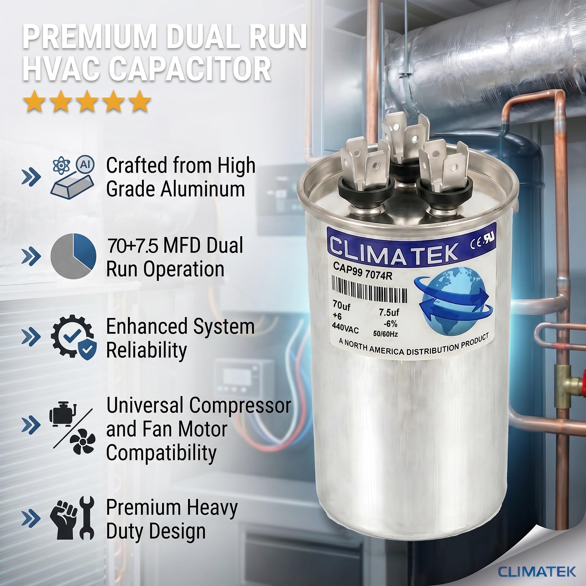 ClimaTek Condensador dual redondo para portador P291-7073RS - 70 + 7.5 uF MFD x 370 VCA