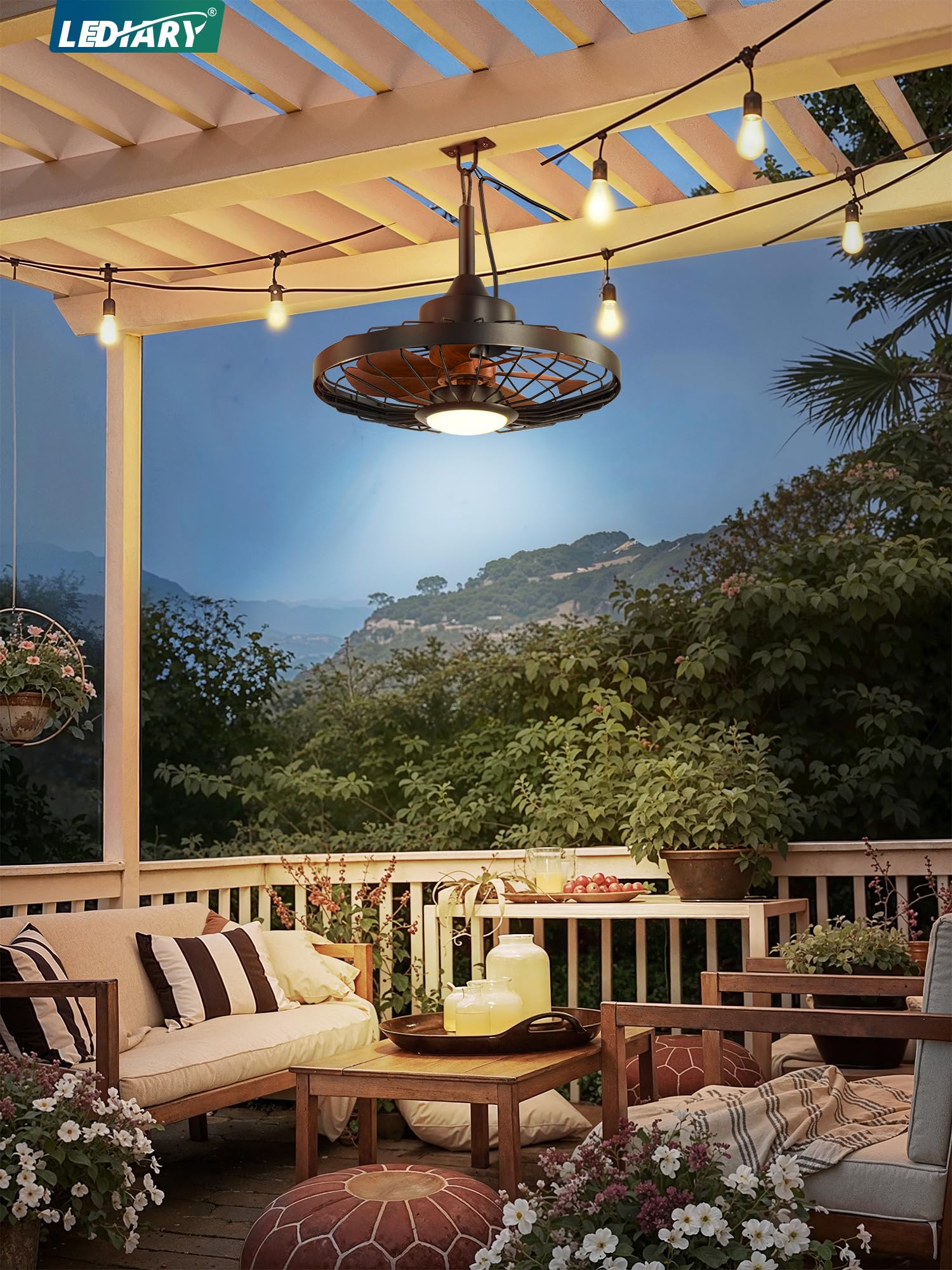 LEDIARY 20" Outdoor Ceiling Fan with Lights,IP65 Waterproof Gazebo Hanging Fan with Remote Control Smart App, Plug in Caged Ceiling Fan with 3CCT 6-Speeds for Patio Porch Pergola(Walnut)