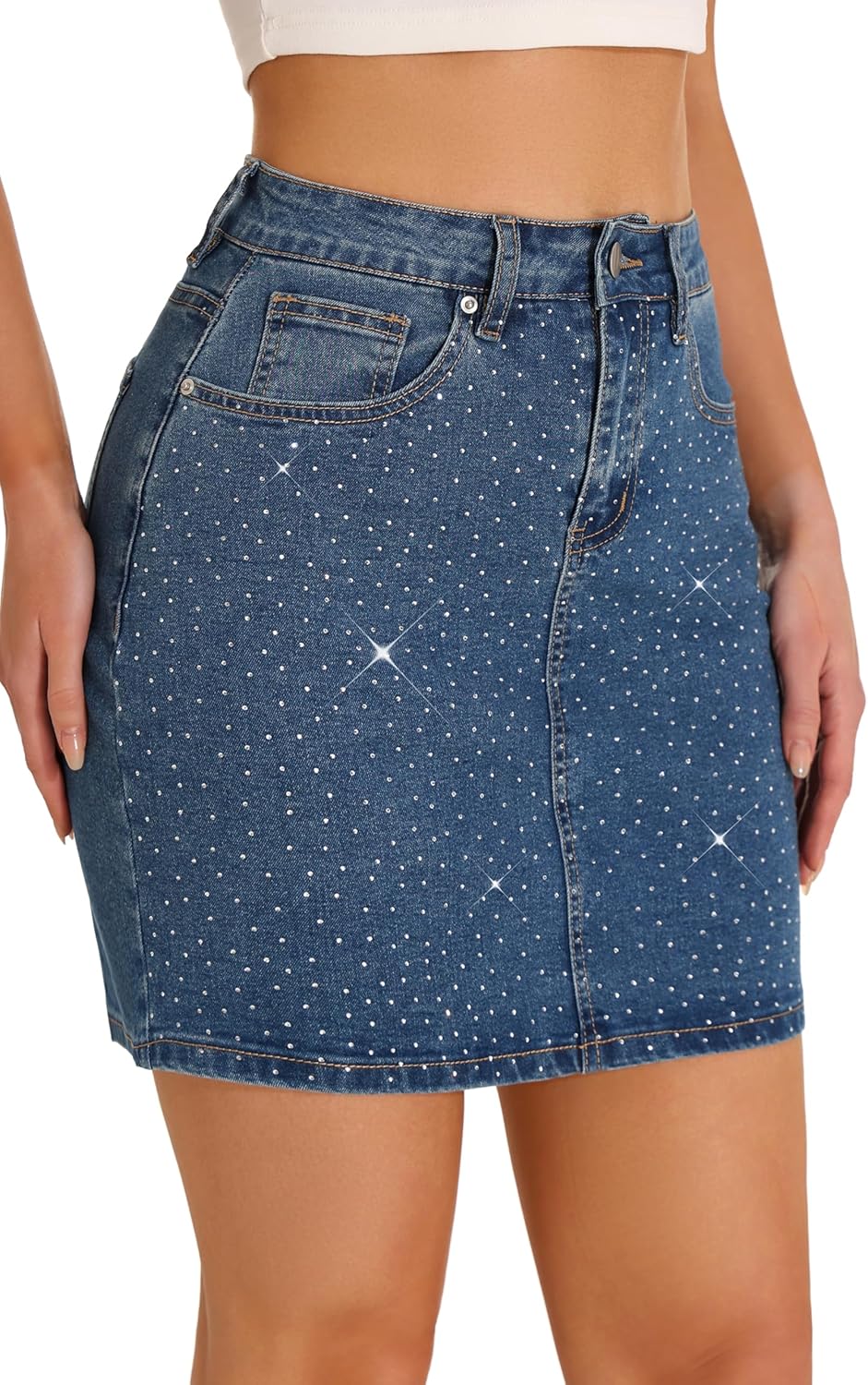 GUANYY Jean Skirts for Women Denim Sparkle Rhinestone Diamond High Waisted Stretch Mini Skirt - Image 4