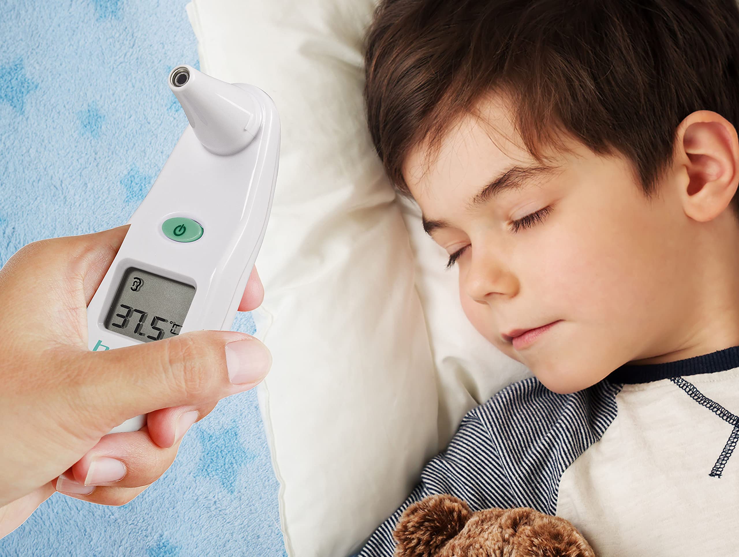 BEPER 40.102 Termómetro Auricular Digital Infrarrojo con medición rápida, 15 cabezales higiénicos desechables cubre sensor de plástico incluido, 1 batería incluida, LCD Display