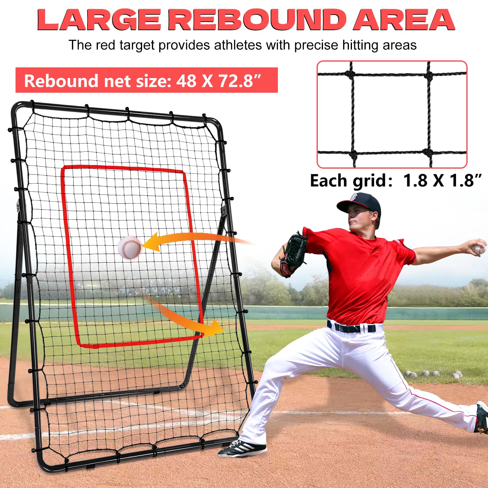 AKOZLIN Rete da rimbalzo per baseball, softball, pallavolo, lacrosse, 5 angoli regolabili, 1,8 x 1,2 m, con Strike Zone, rete da rimbalzo da baseball, con borsa per il trasporto