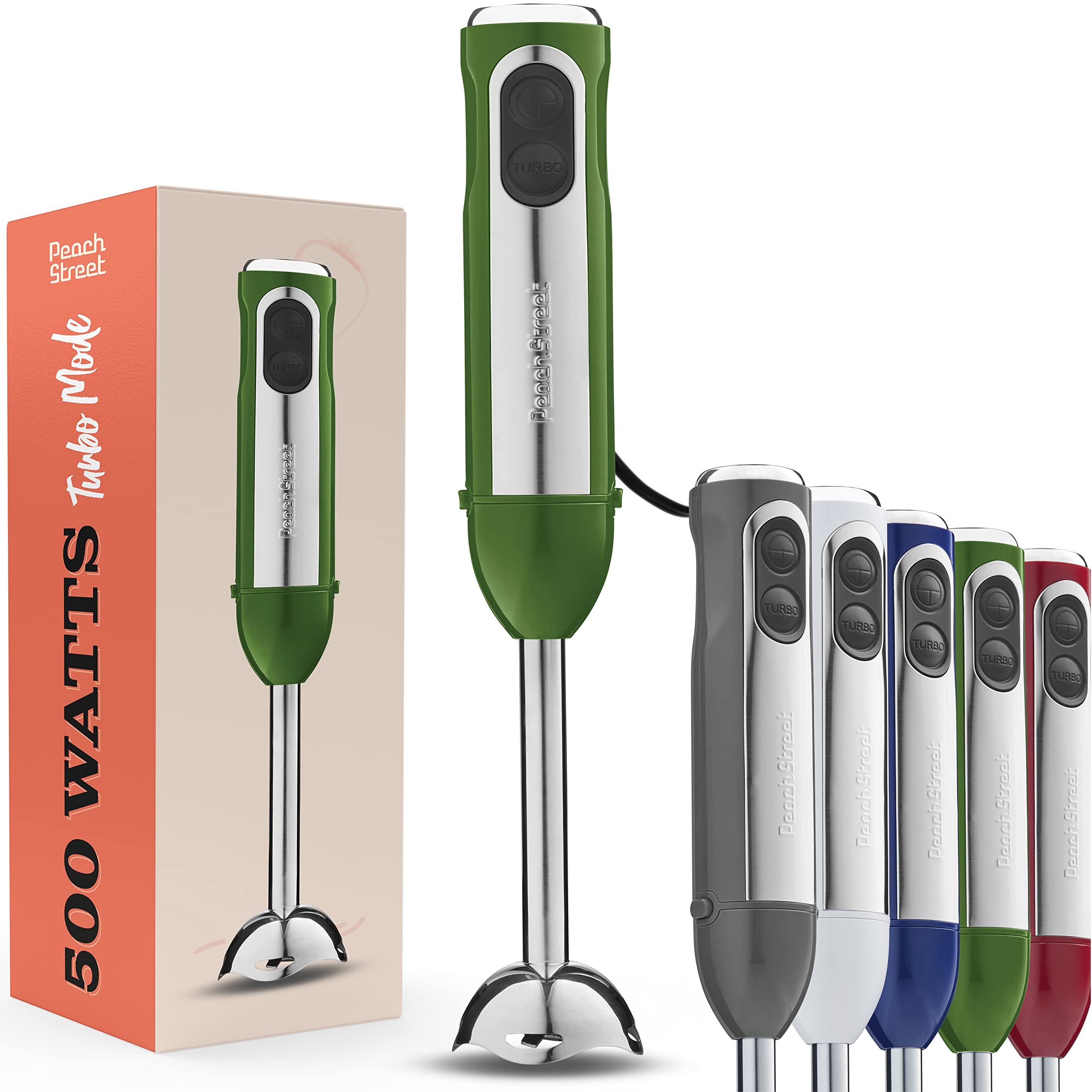 Powerful Immersion Blender, Electric Hand Blender 500 Watt with Turbo Mode, Detachable Base. Handheld Kitchen Blender Stick for Soup, Smoothie, Puree, Baby Food, 304 Stainless Steel Blades (Green)