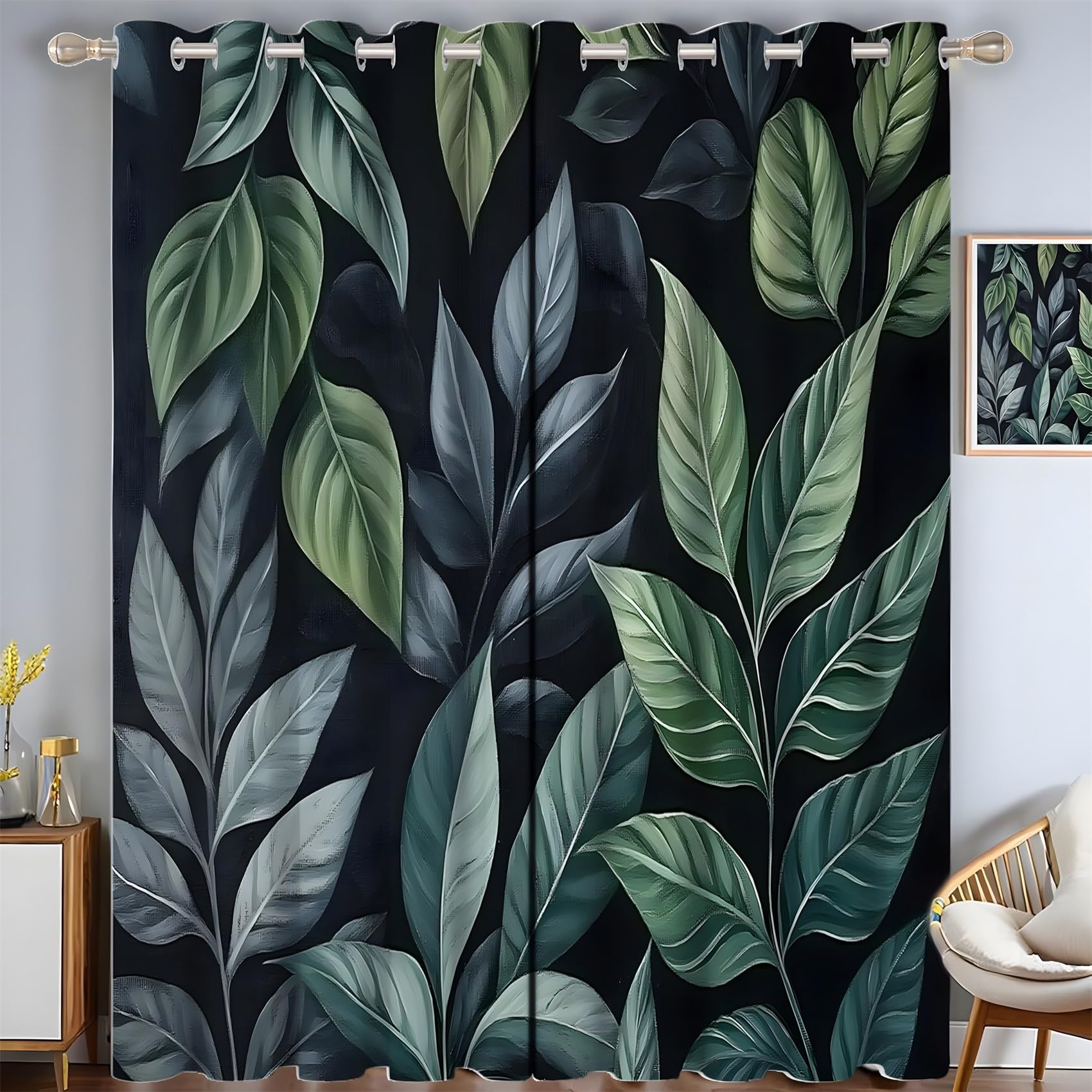 KaiHeBeding Greenery Print Blackout Curtains for Bedroom - Leaves Living Room Curtains 46x90 Eyelet - Soft Thermal Insulated Patterned Drapes for Windows - 2 Panels