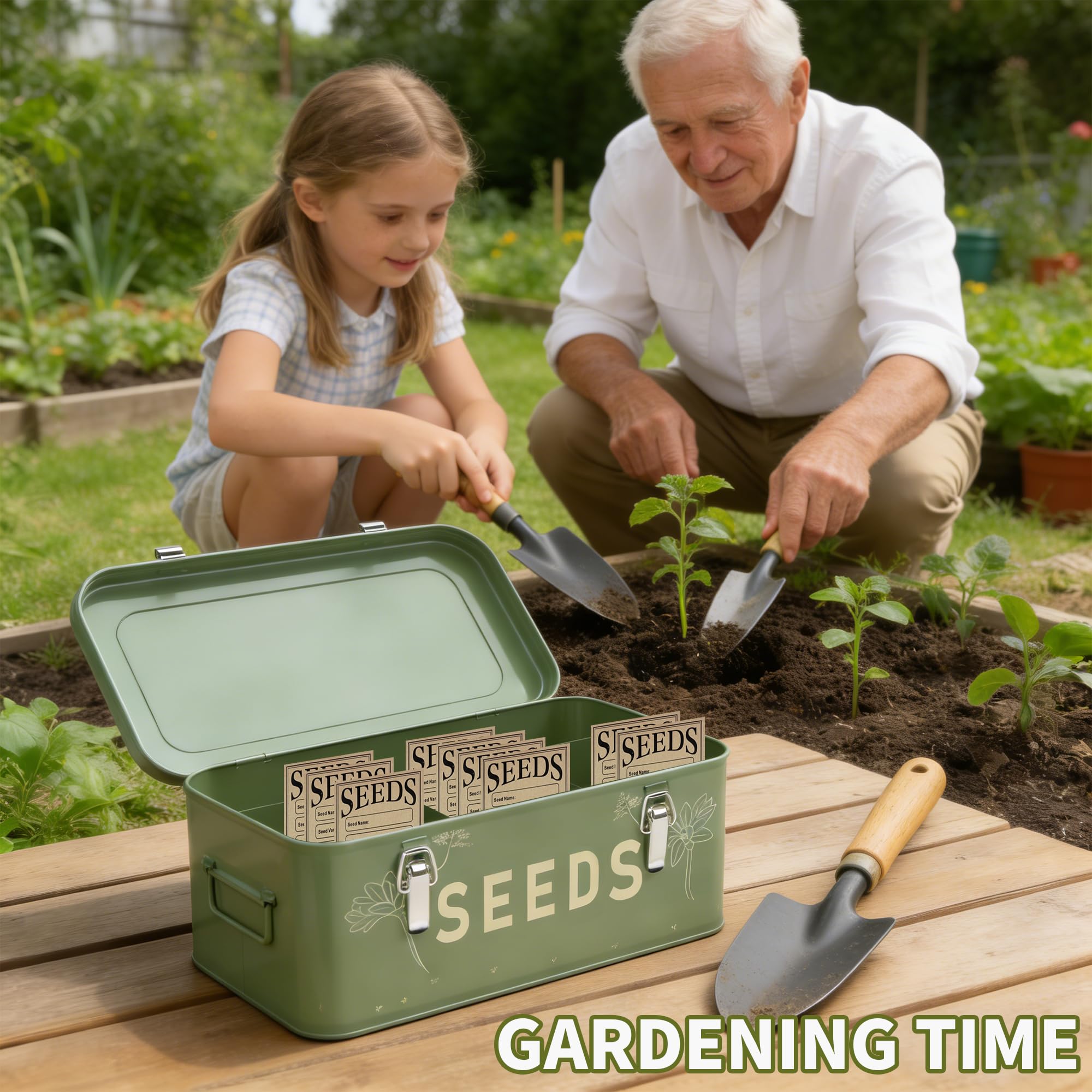 Orionstar Organizador de almacenamiento de semillas, caja de metal con tapa, 30 ranuras, 4 compartimentos con cerraduras de seguridad, incluye 30 sobres de semillas, rotulador, etiqueta adhesiva