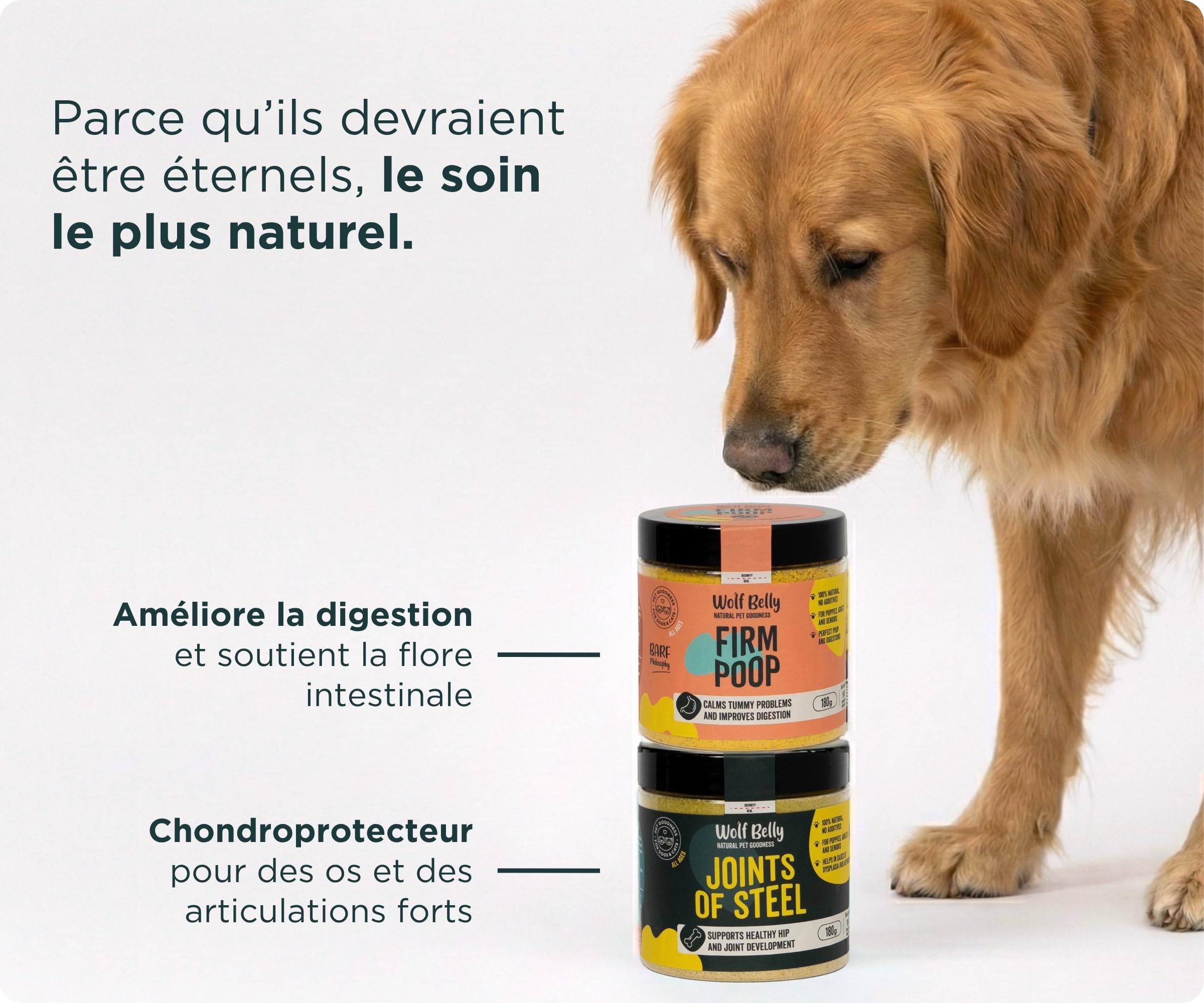 Wolf Belly - Pack Complément Articulations et Probiotique 100% Naturel (180 g) | Chondroprotecteur + Digestions Saines | pour Chiens et Chats | Format en Poudre - Fabriqué en UE