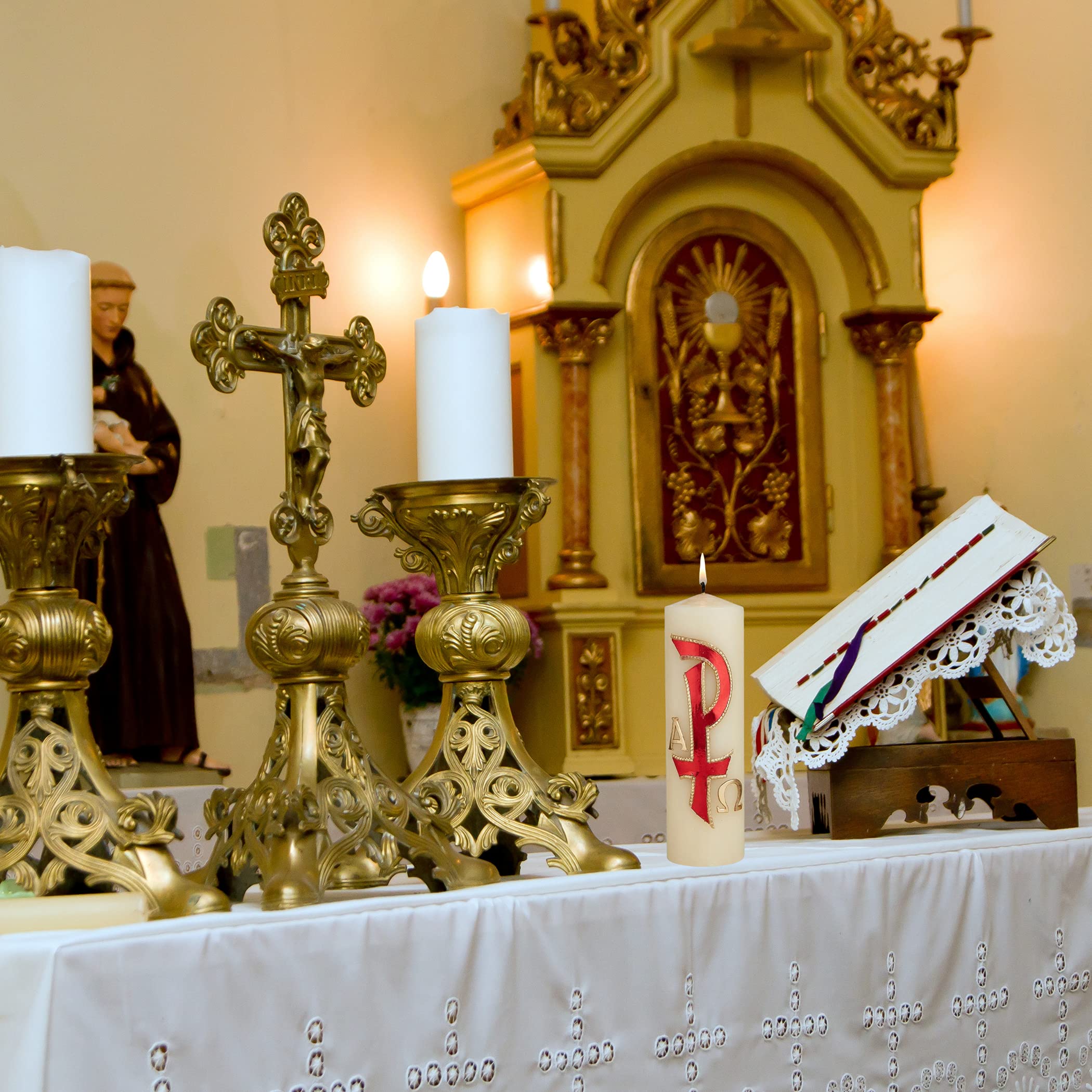 Chi Rho Alpha y Omega Pilar Vela para bautizos, Semana Santa y bautizos, velas católicas decoradas a mano para decoración de iglesia, 8 pulgadas