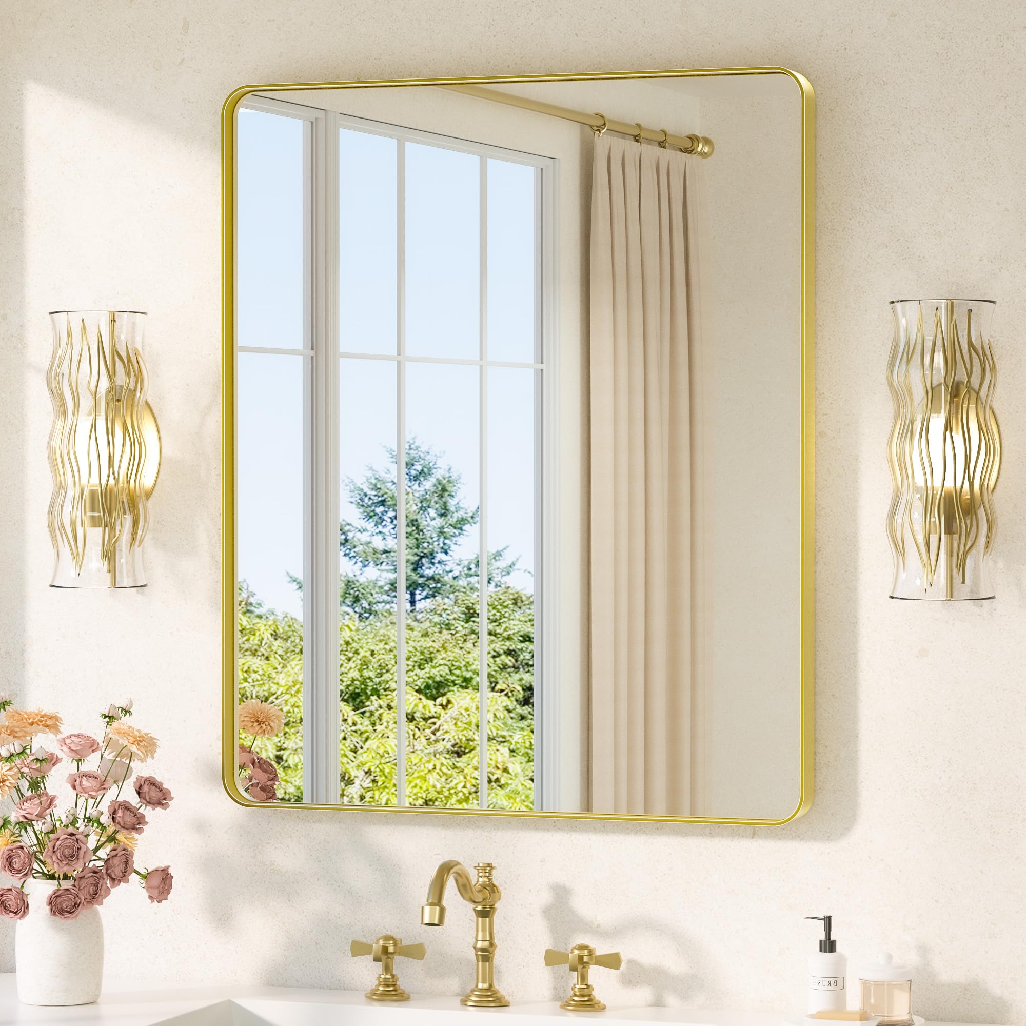 TETOTE 75x90cm Wandspiegel Gold Ohne Beleuchtung, Rechteckig Badspiegel mit Runder Ecke, Metallrahmen Badezimmer Spiegel für Waschbecken, Gehärtetes Glas Dekorative Spiegel