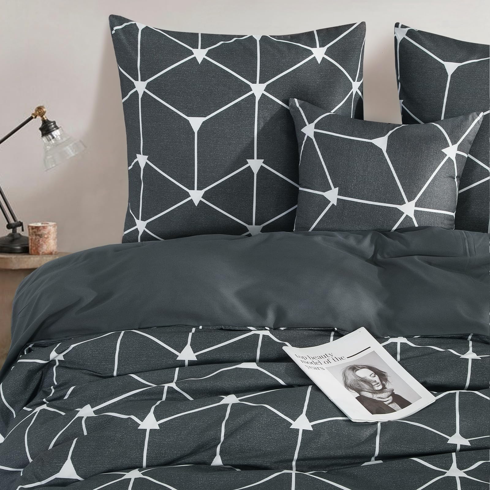 RUIKASI Parure de lit, 3 pièces, en Microfibre, avec Fermeture éclair, Douce et Infroissable, 200 x 220 cm, avec Motif géométrique, 220 x 200 cm, Anthracite