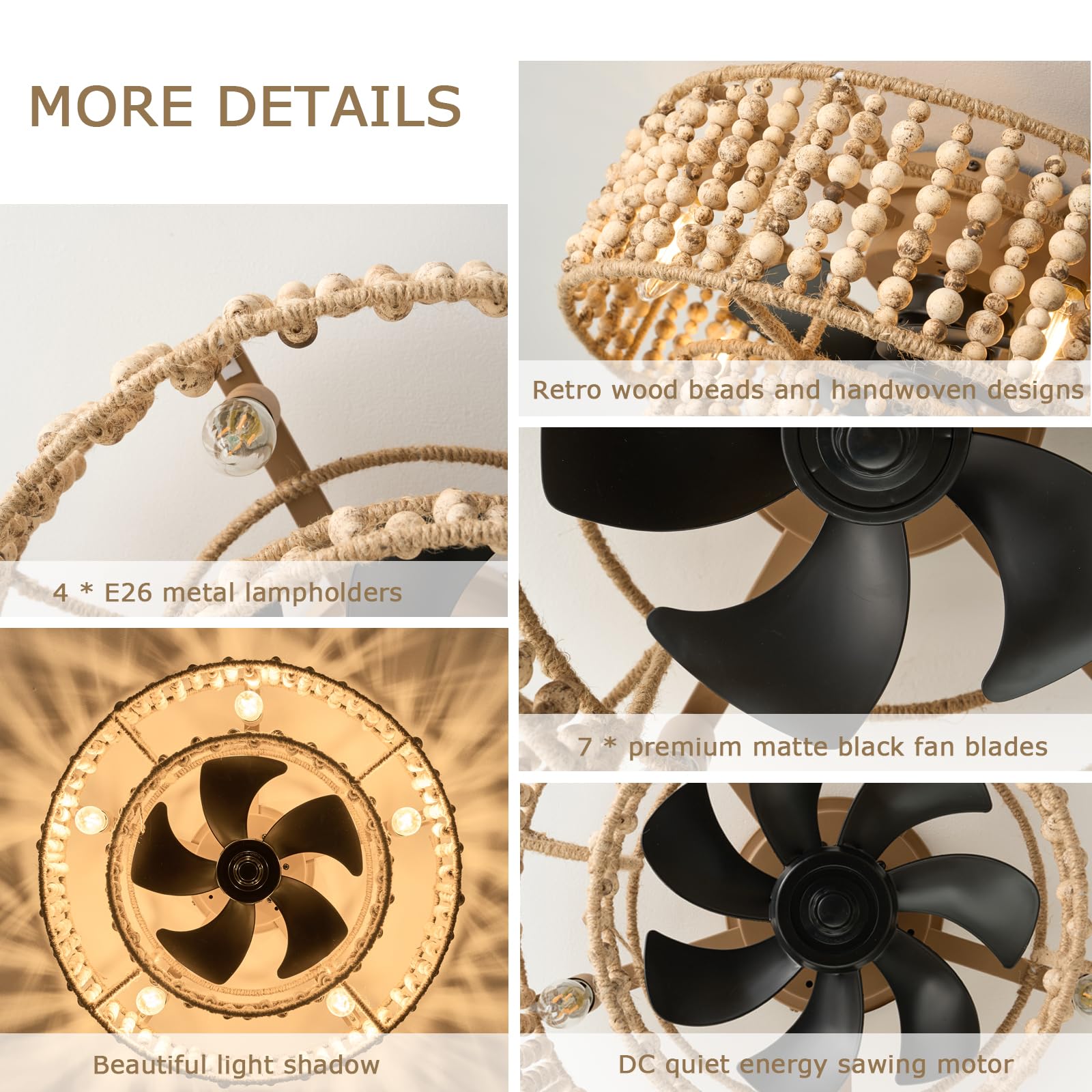 FUMLTP Boho Low Profile Ceiling Fans with Lights and Remote, 20 Inch Beaded Flush Mount Ceiling Fans, 6-Speed Reversible Silent Reversible DC Motor E12 Metal Bulb Base for Bedroom Dining Room