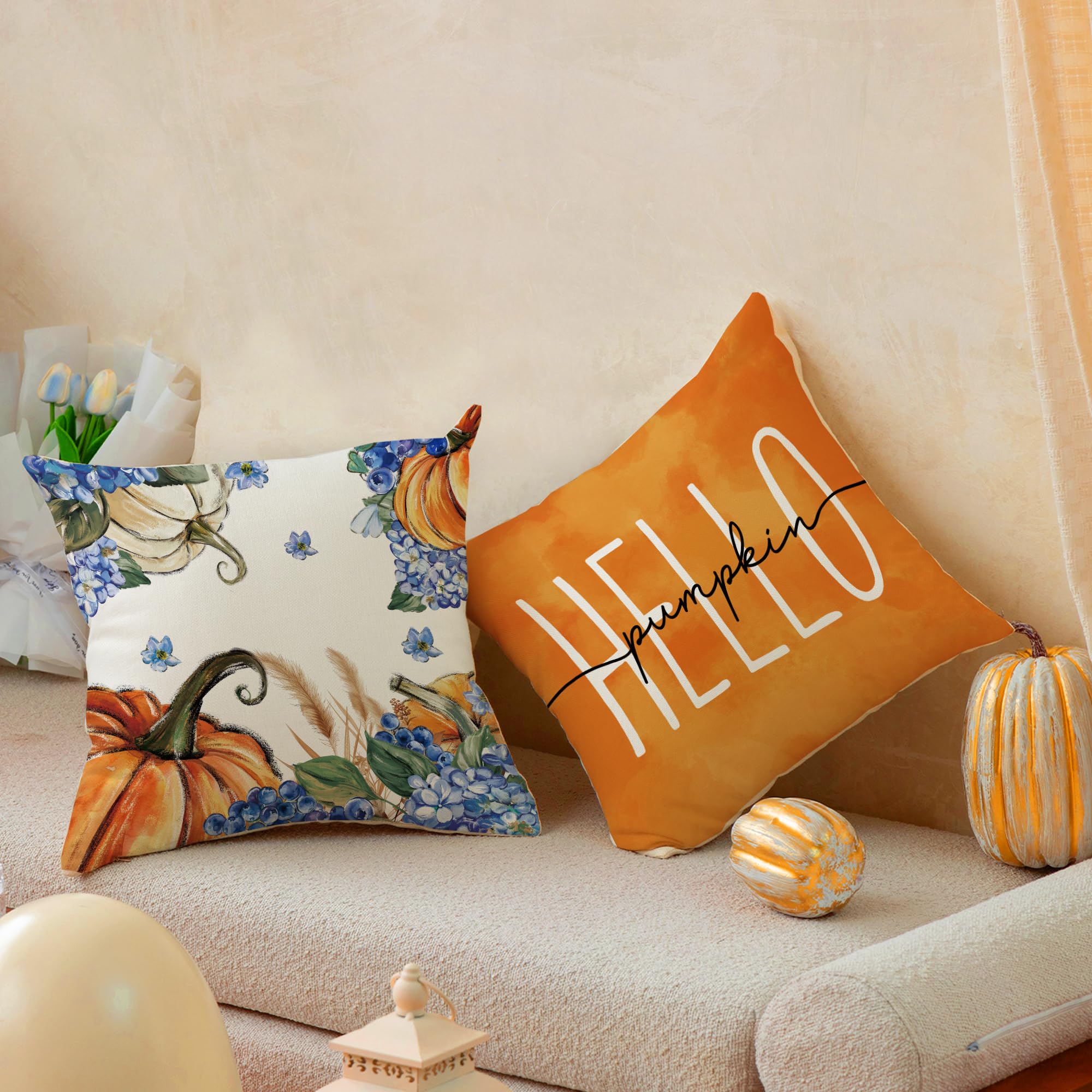 Juego de 4 fundas de almohada de calabaza de hortensias otoñales de 18 x 18 pulgadas, diseño de otoño de Acción de Gracias, diseño floral de temporada, para sofá, sillón, diseño de otoño 5