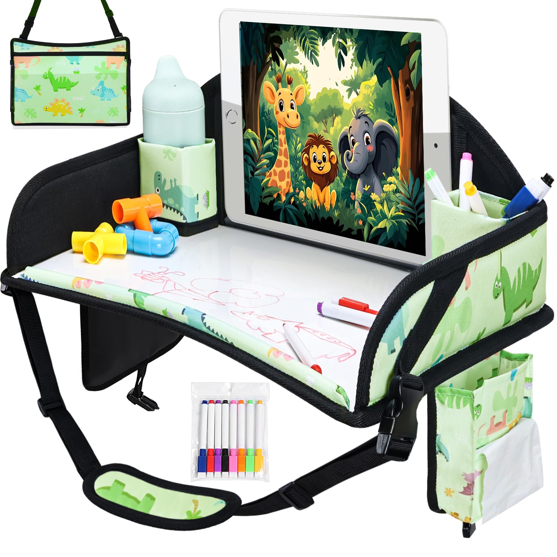 Car Seat Tray,Toddler Road Trip Essentials With Drawing Kit | Road Trip Essentials Accessories Lap Tray with iPad Holder Stand &amp; Dry Erase Board as Travel Gifts for Kid,Green