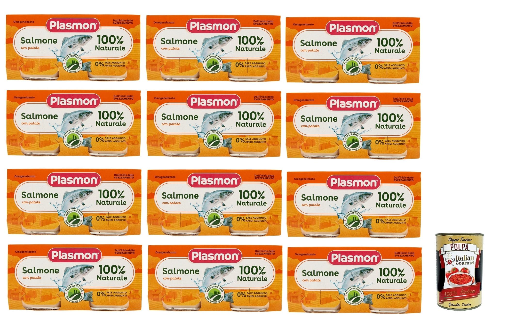 Plasmon Pesce Salmone con Patate, 12x (2x 80g), Mit ausgewählten Zutaten, 100% natürlich, Ohne Stärken und Salz hinzugefügt + Italian Gourmet polpa 400g
