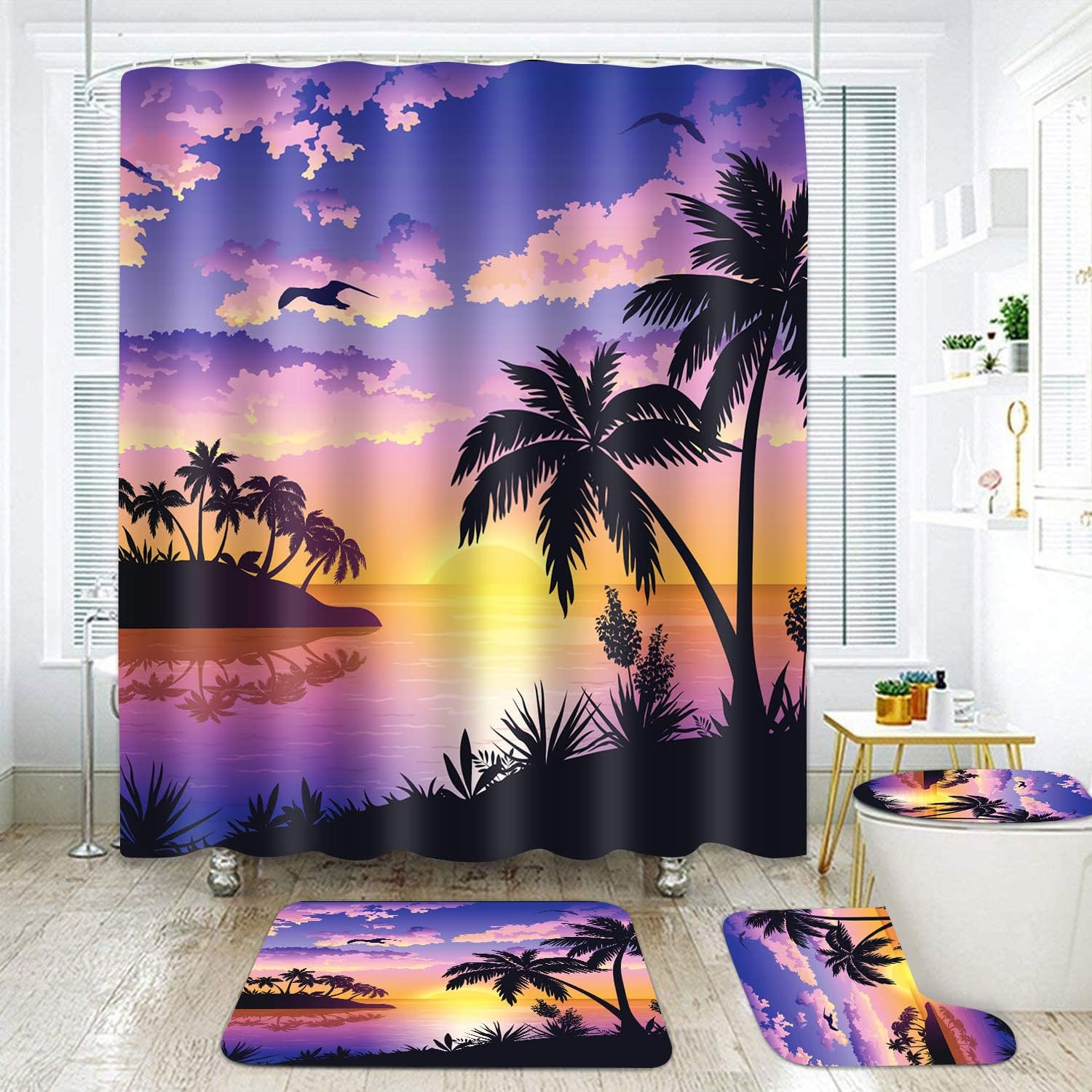 SDDSER Ocean Beach Tropic Shower Curtain Set, 4PCS Pink Sky